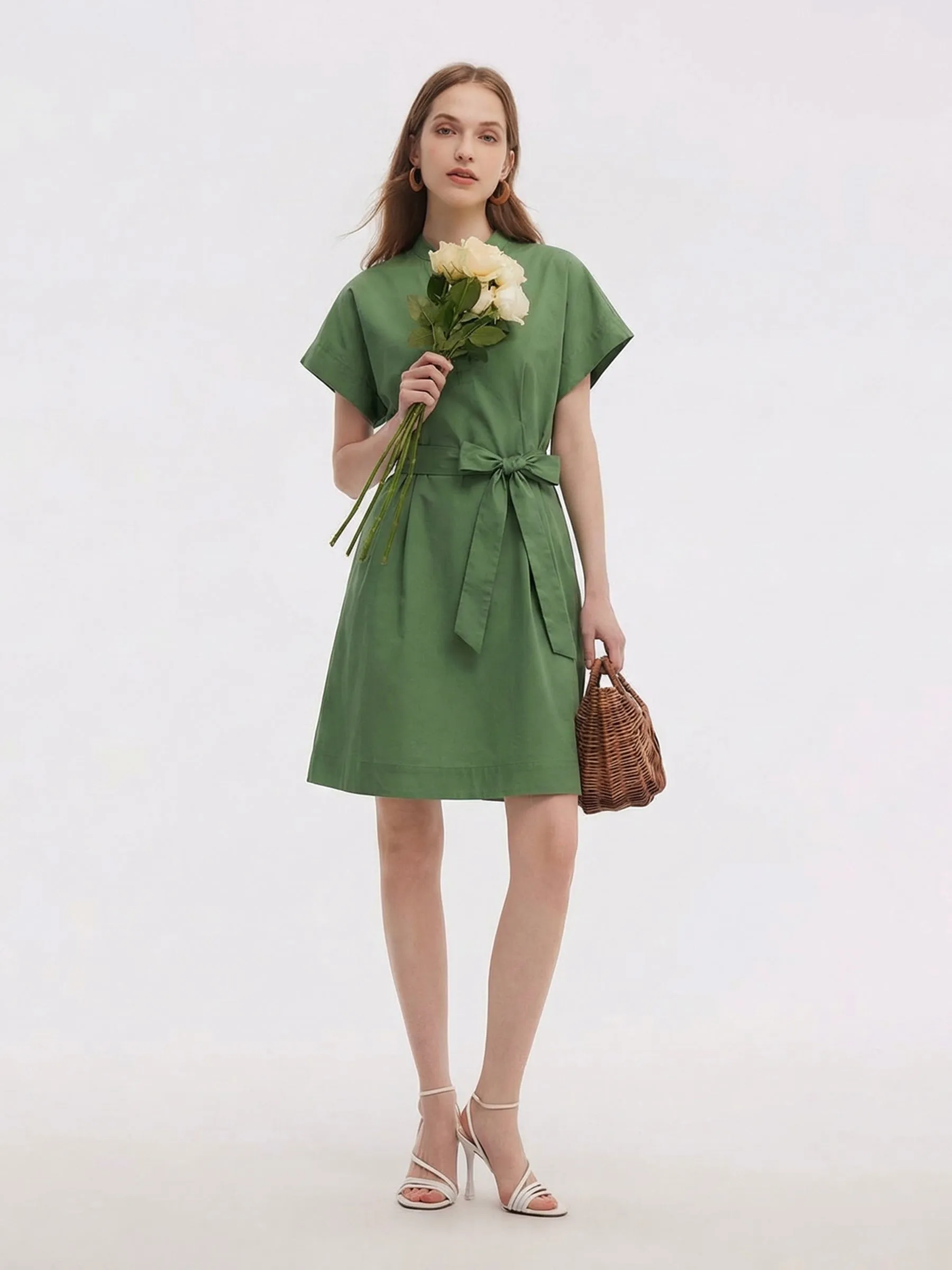 Cotton Gathered Waist Women Belted Mini Dress sold by Goelia product image thumbnail 2