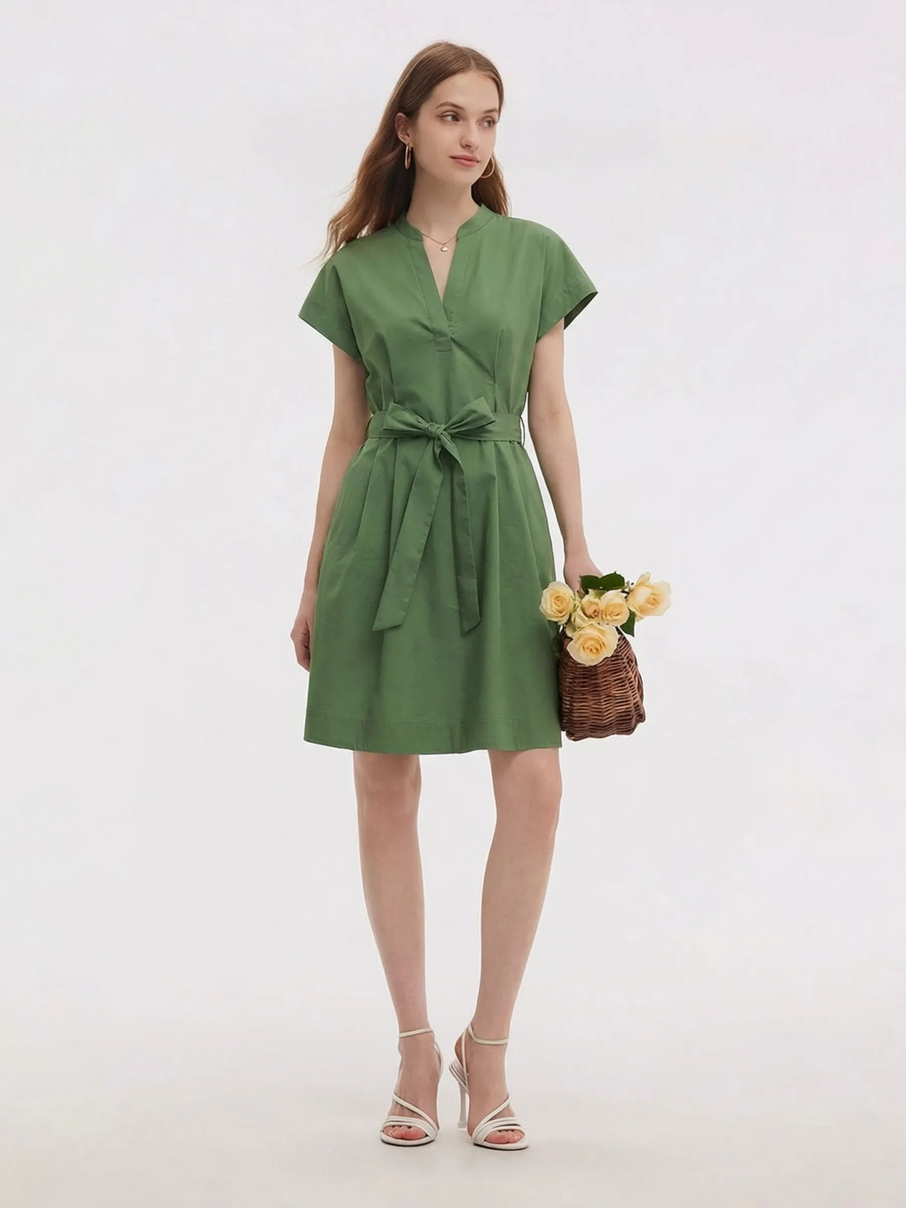 Cotton Gathered Waist Women Belted Mini Dress sold by Goelia
