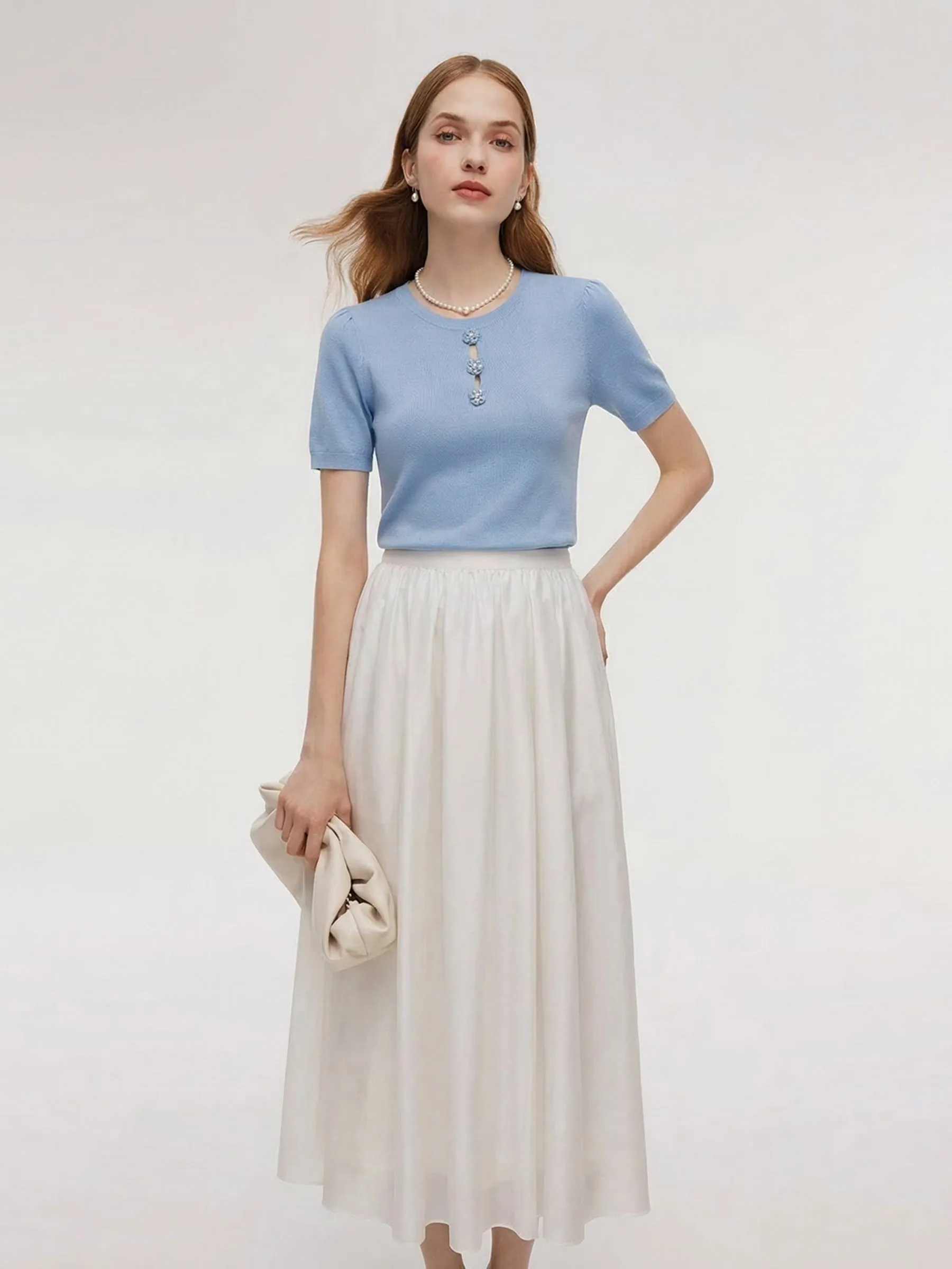 Tencel Blend Knit Top And A-Line Skirt Two-Piece Set With Detachable 3D Crochet Flowers sold by Goelia product image thumbnail 2