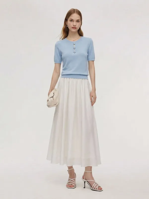 Tencel Blend Knit Top And A-Line Skirt Two-Piece Set With Detachable 3D Crochet Flowers made by Goelia