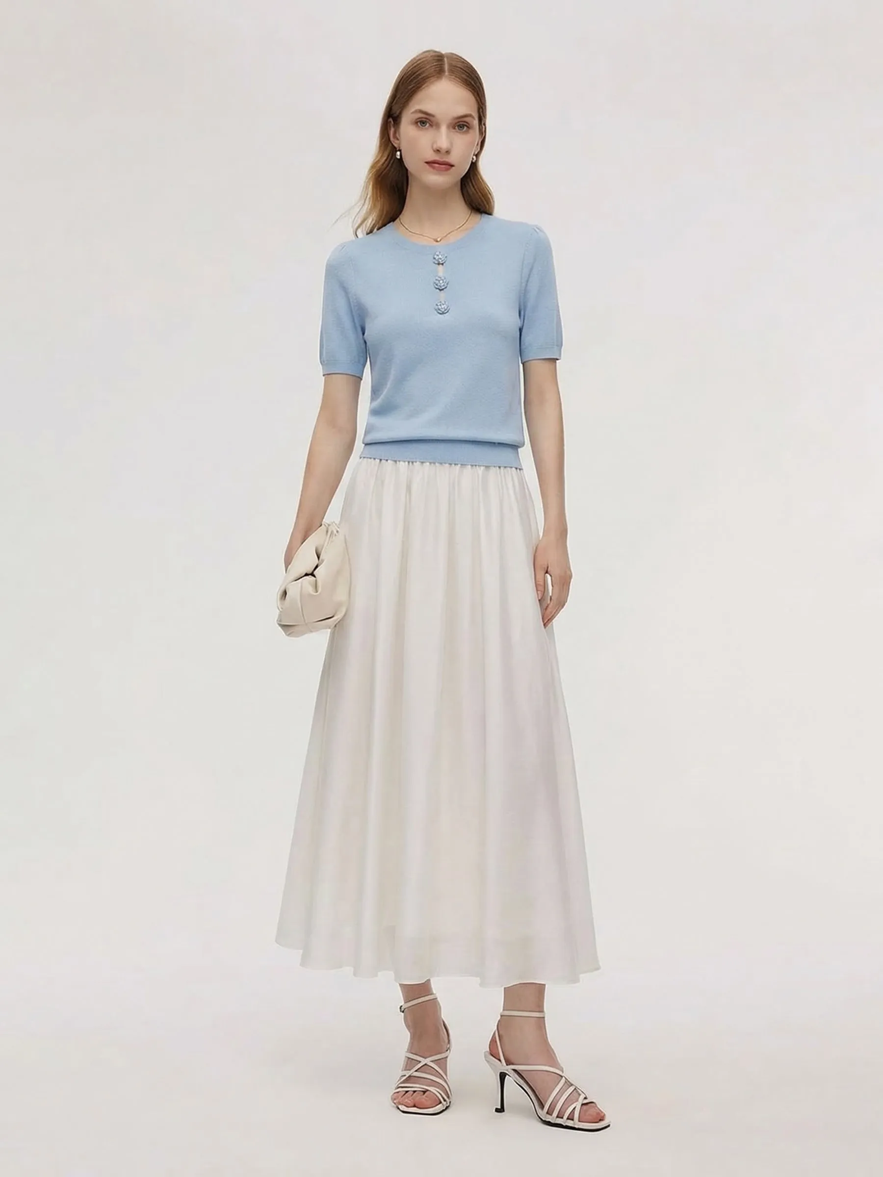Tencel Blend Knit Top And A-Line Skirt Two-Piece Set With Detachable 3D Crochet Flowers sold by Goelia