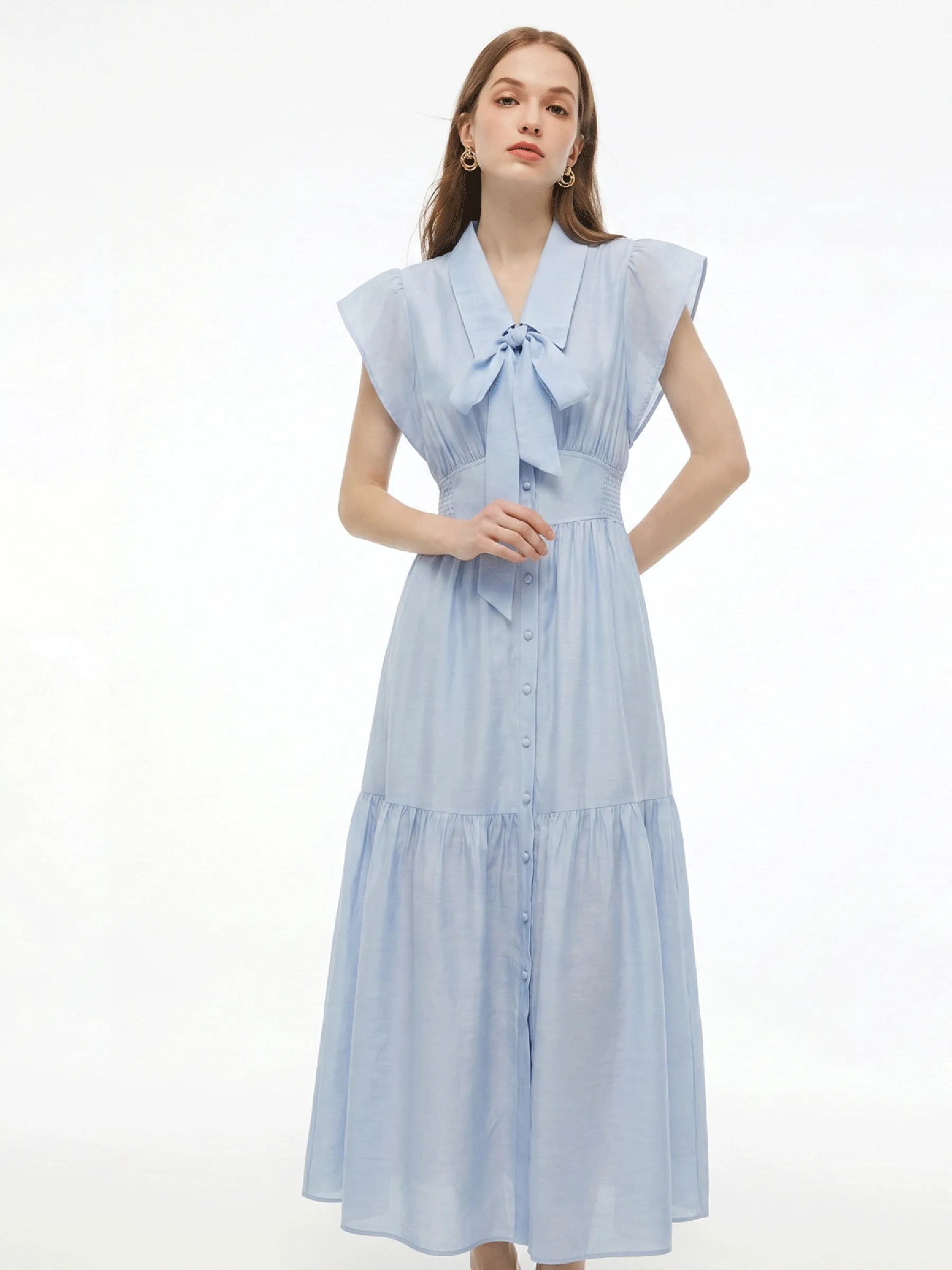 Tencel Acetate Blend Ruffle Cap Sleeve Women Maxi Dress With Ribbon sold by Goelia product image thumbnail 2