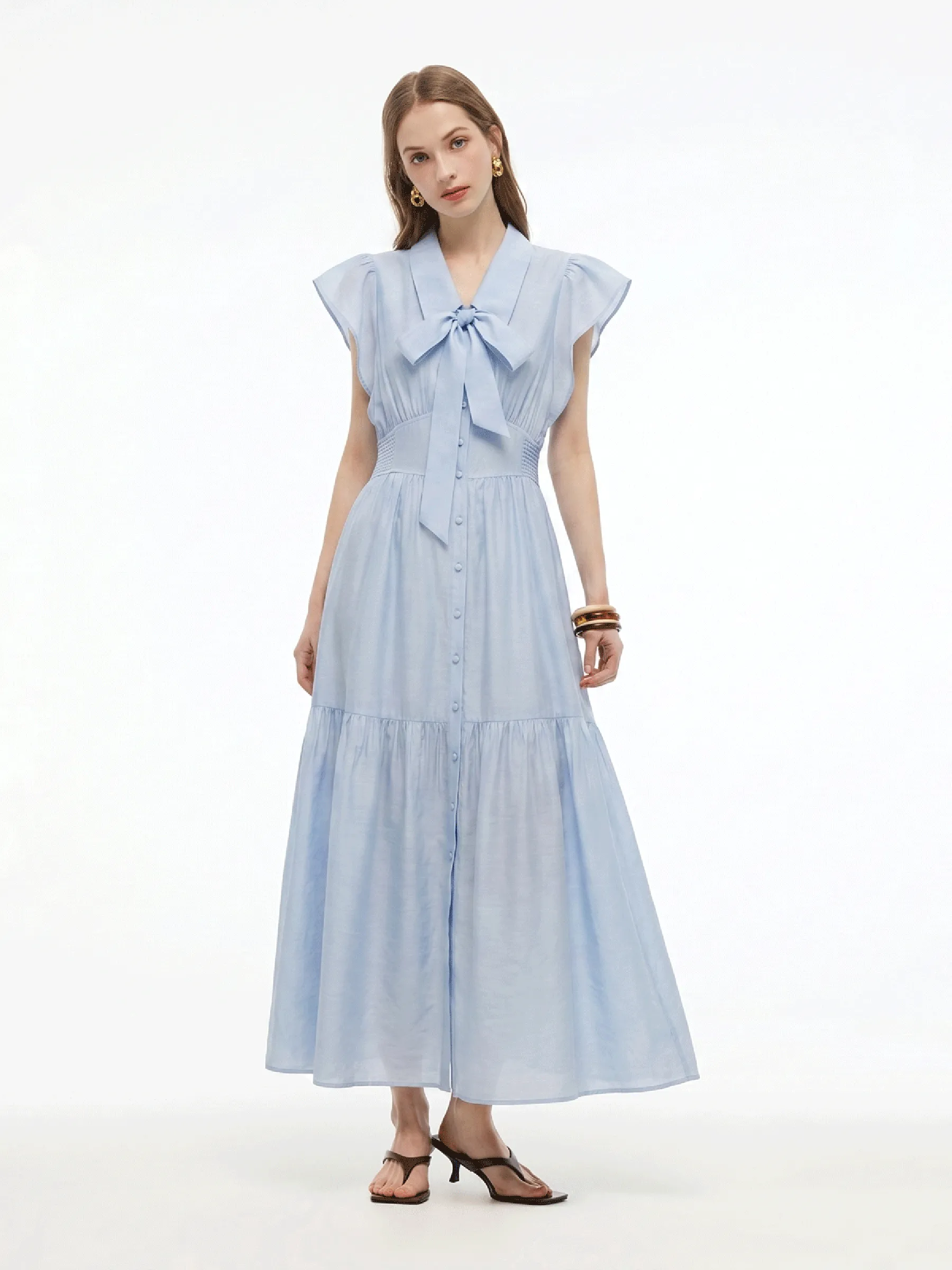 Tencel Acetate Blend Ruffle Cap Sleeve Women Maxi Dress With Ribbon sold by Goelia product image thumbnail 3