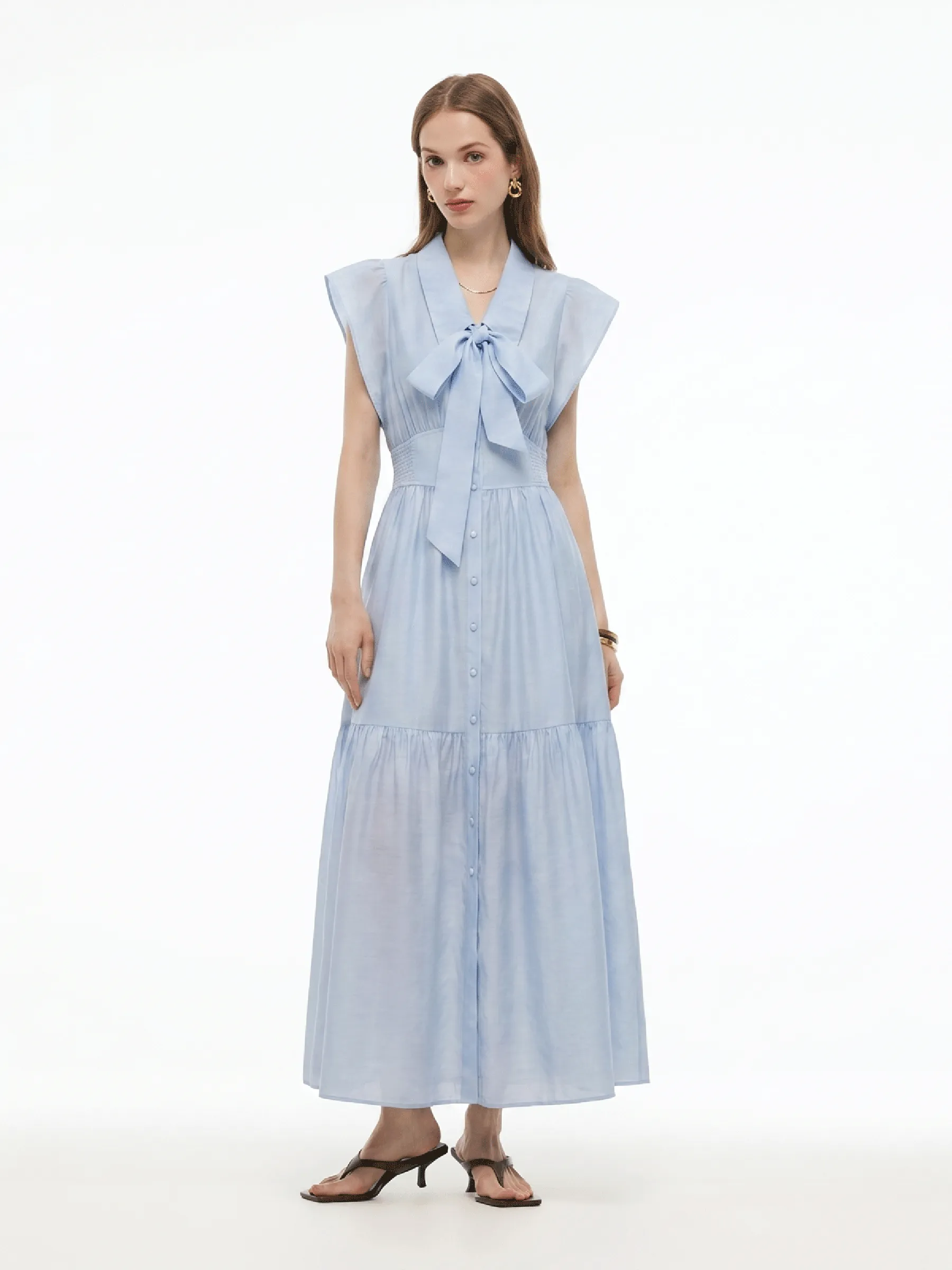 Tencel Acetate Blend Ruffle Cap Sleeve Women Maxi Dress With Ribbon sold by Goelia product image thumbnail 4