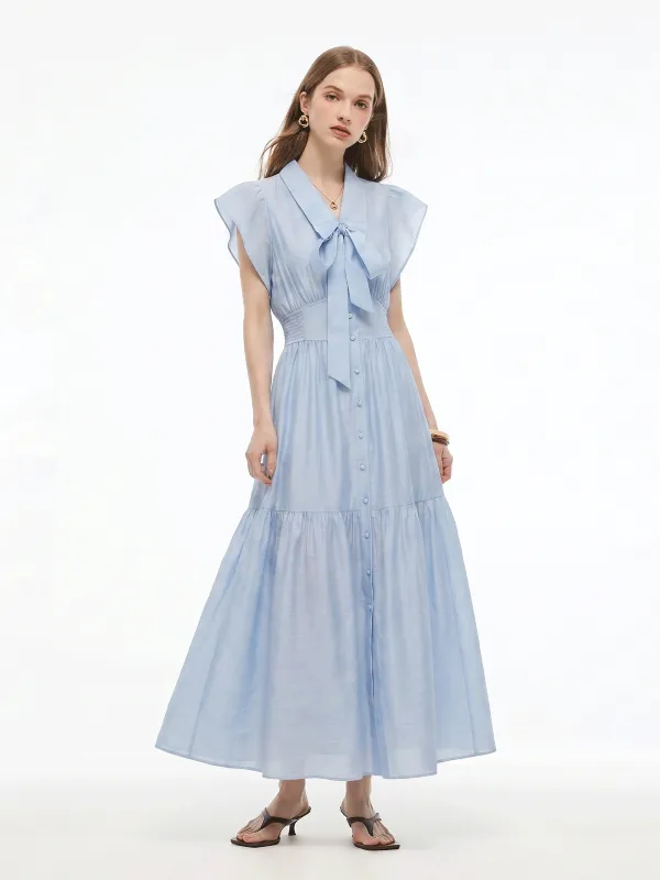 Tencel Acetate Blend Ruffle Cap Sleeve Women Maxi Dress With Ribbon made by Goelia