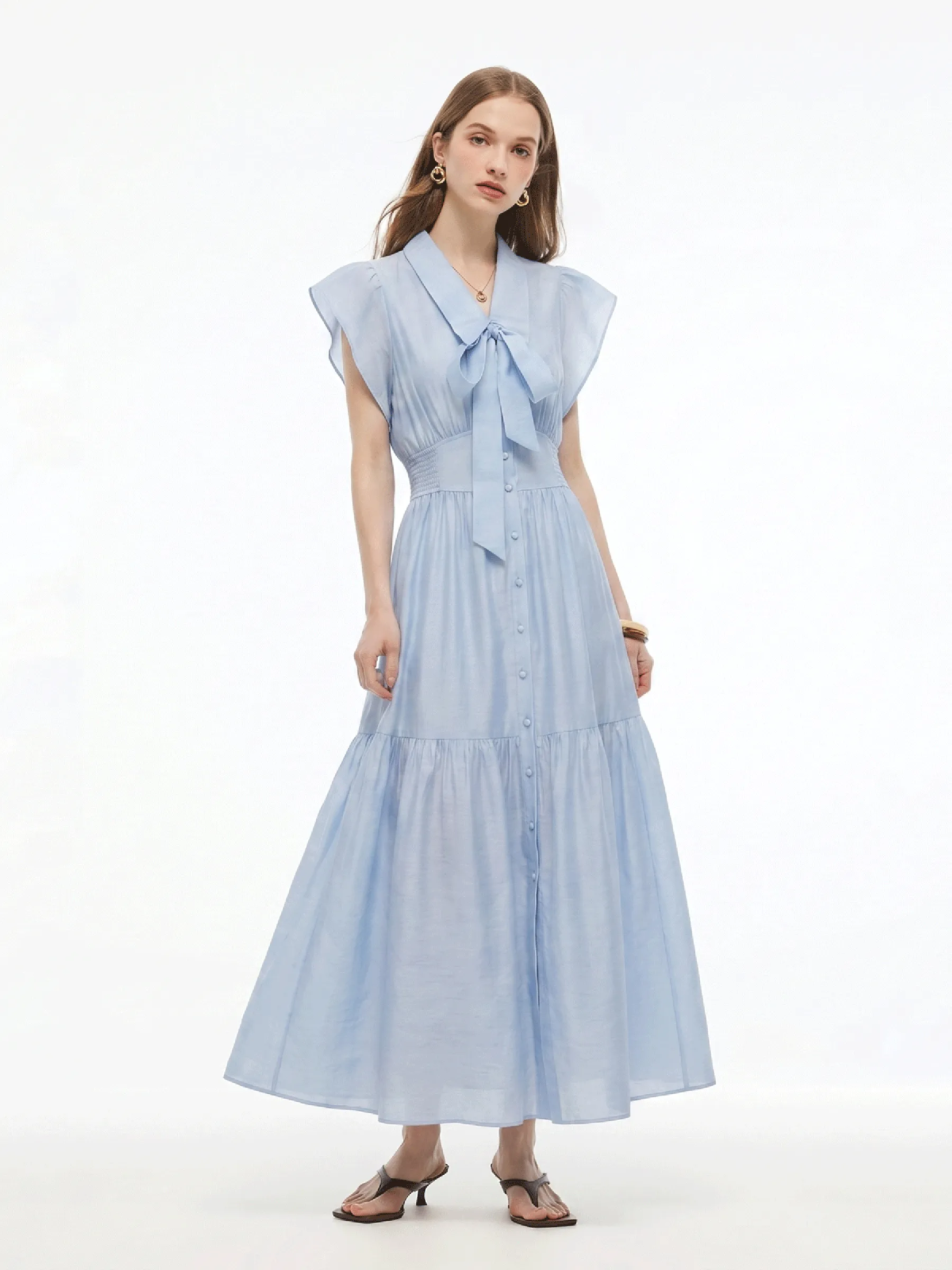 Tencel Acetate Blend Ruffle Cap Sleeve Women Maxi Dress With Ribbon sold by Goelia