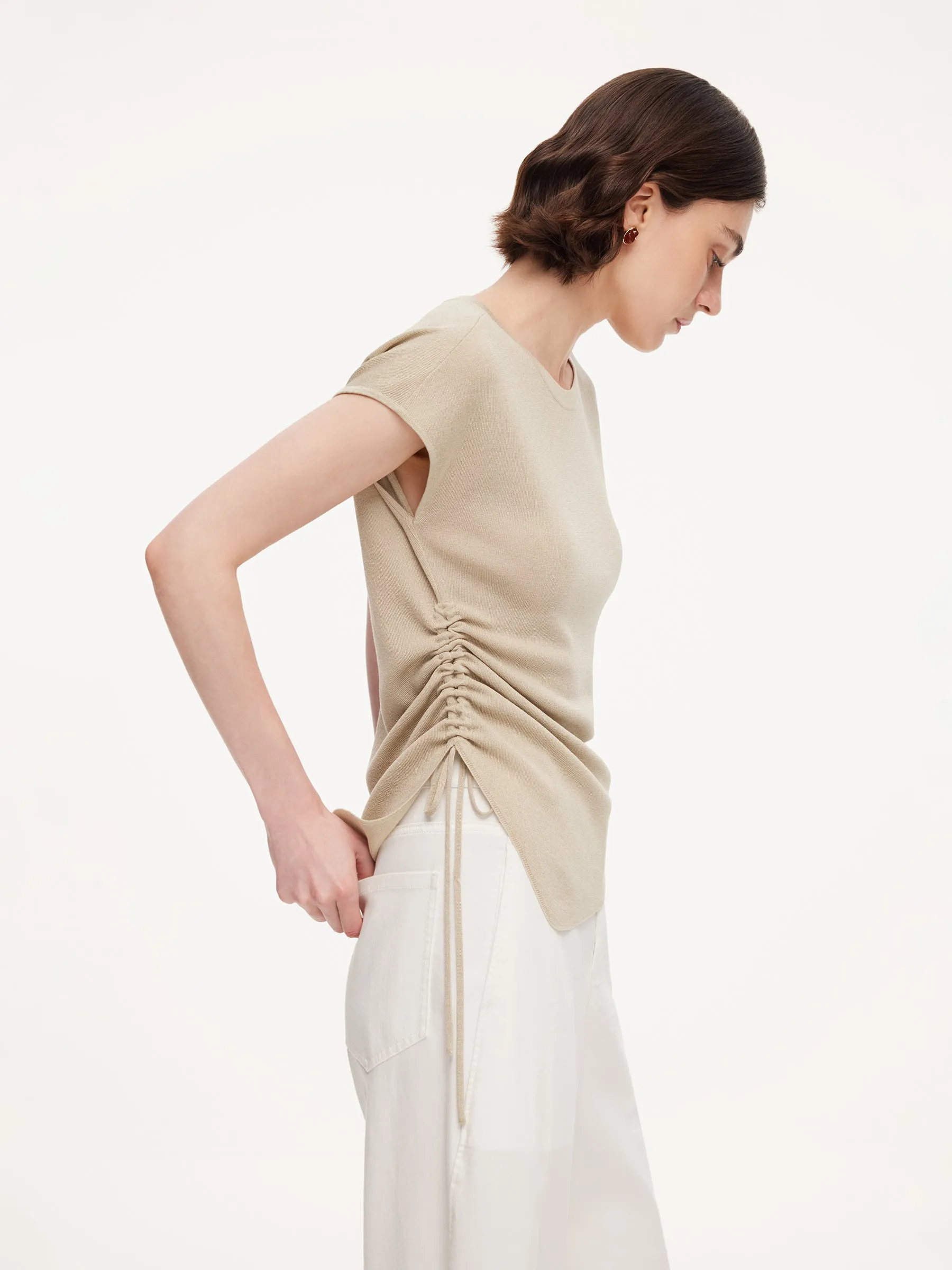 Lyocell Blend Side Drawstring Women Asymmetric Knit Top sold by Goelia product image thumbnail 3