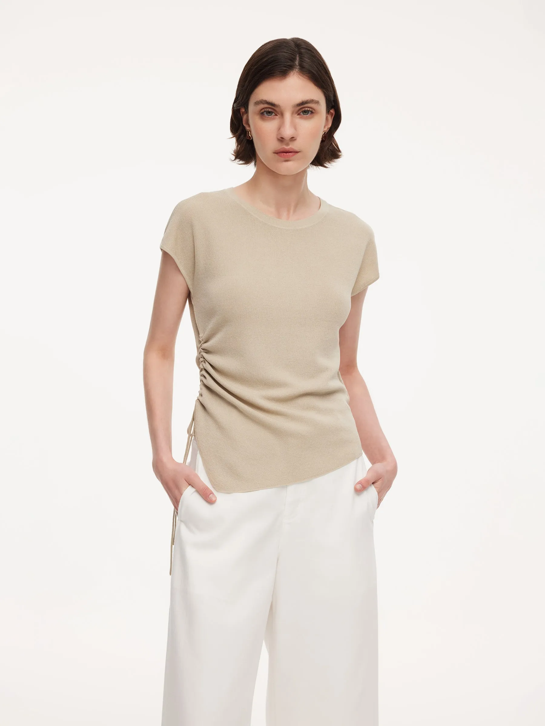 Lyocell Blend Side Drawstring Women Asymmetric Knit Top sold by Goelia