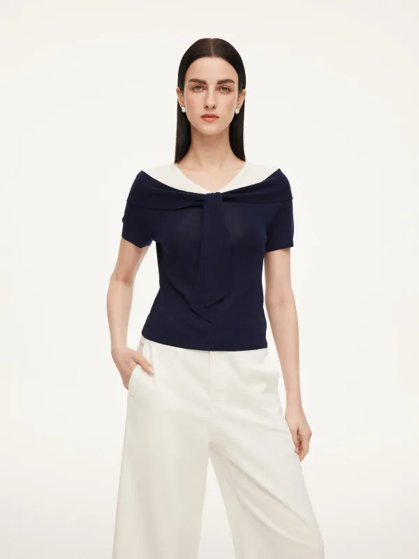 Tencel Blend Color Block Tie Front Women Knit Top made by Goelia
