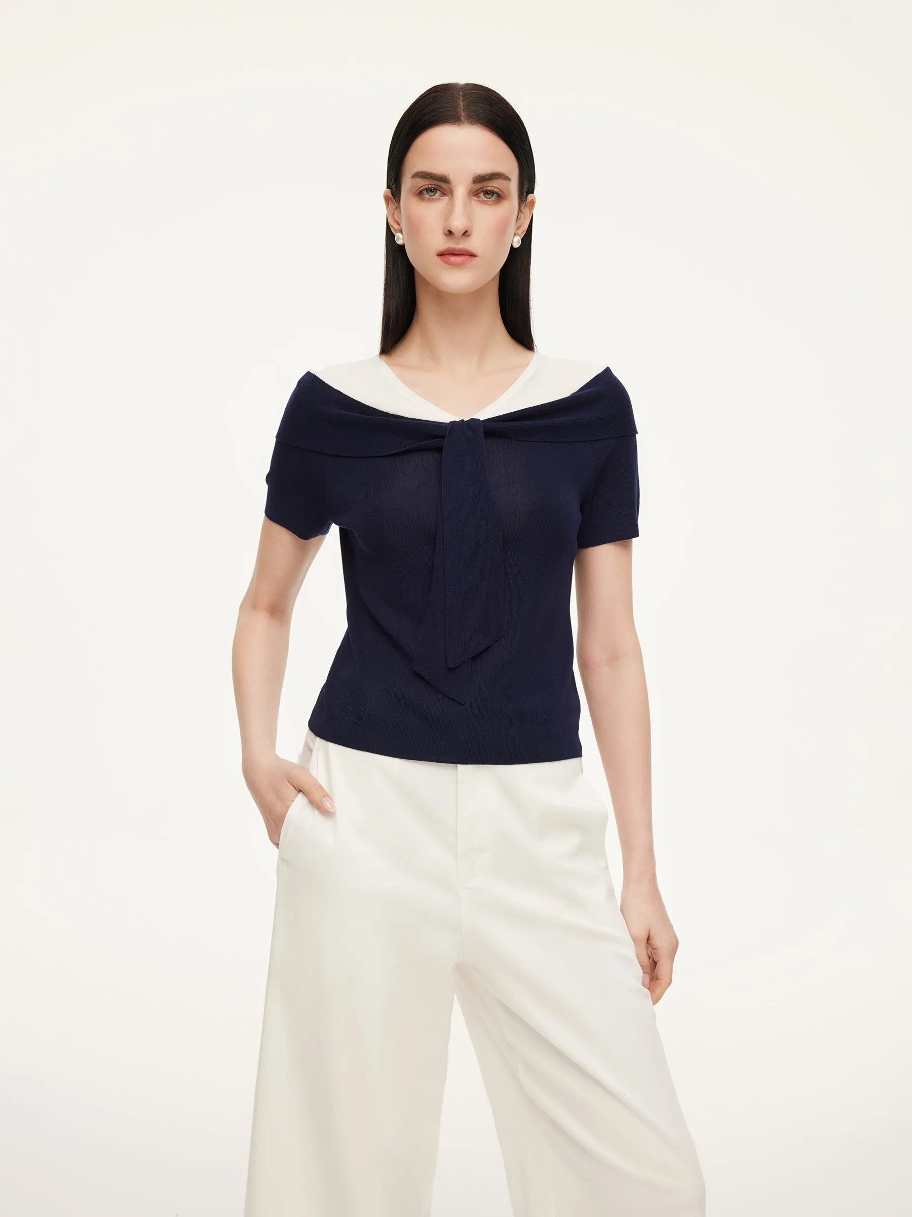 Tencel Blend Color Block Tie Front Women Knit Top sold by Goelia