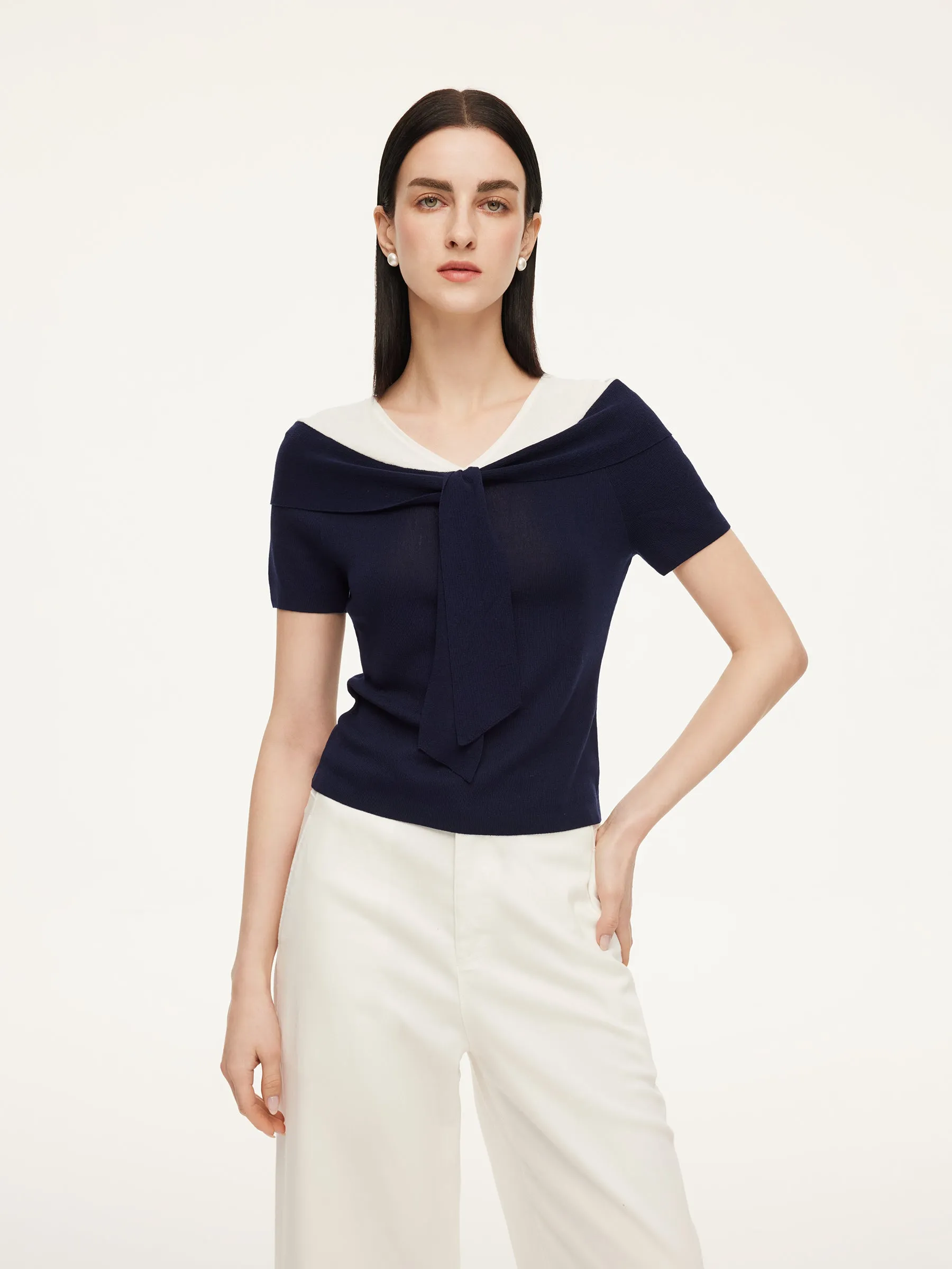 Tencel Blend Color Block Tie Front Women Knit Top sold by Goelia product image thumbnail 3