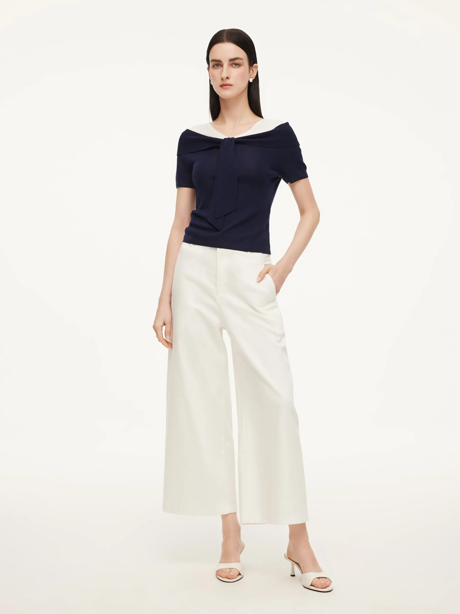 Tencel Blend Color Block Tie Front Women Knit Top sold by Goelia product image thumbnail 2
