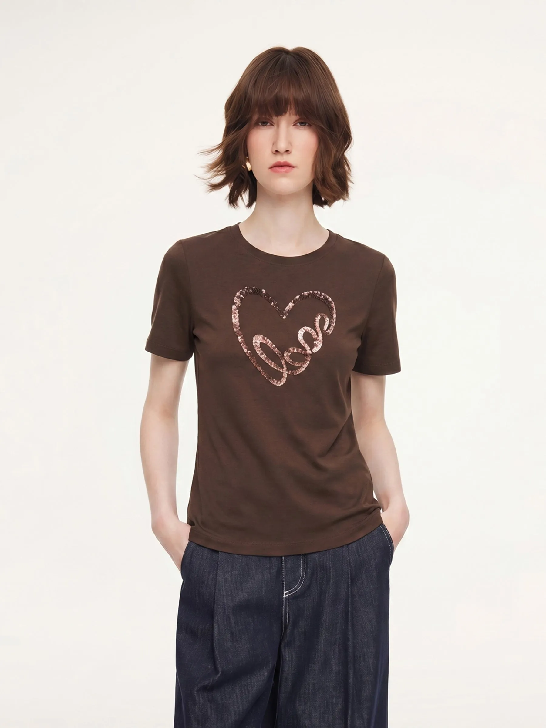 Sequined Heart Round Neck Women T-Shirt sold by Goelia product image thumbnail 4