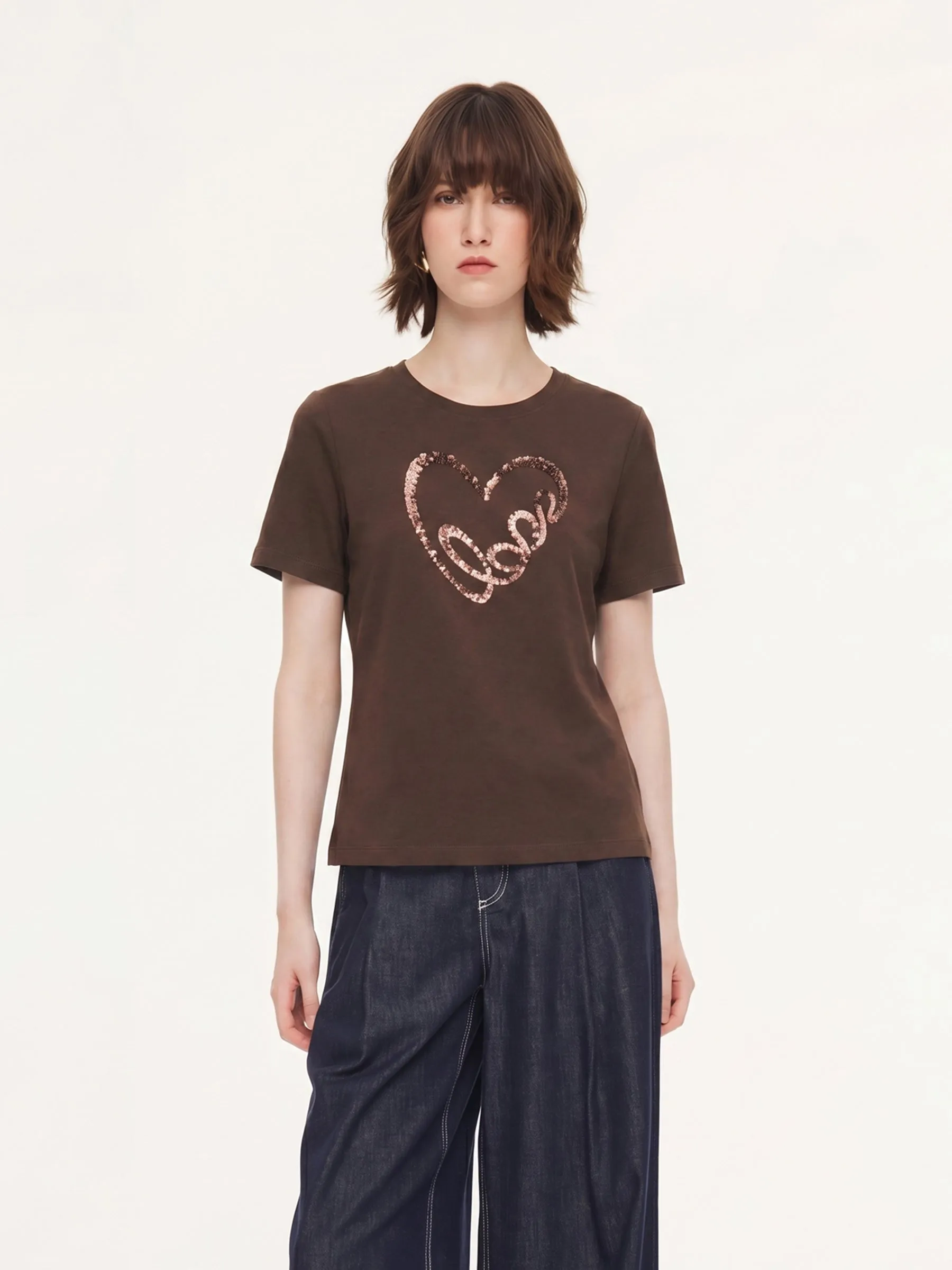 Sequined Heart Round Neck Women T-Shirt sold by Goelia product image thumbnail 3