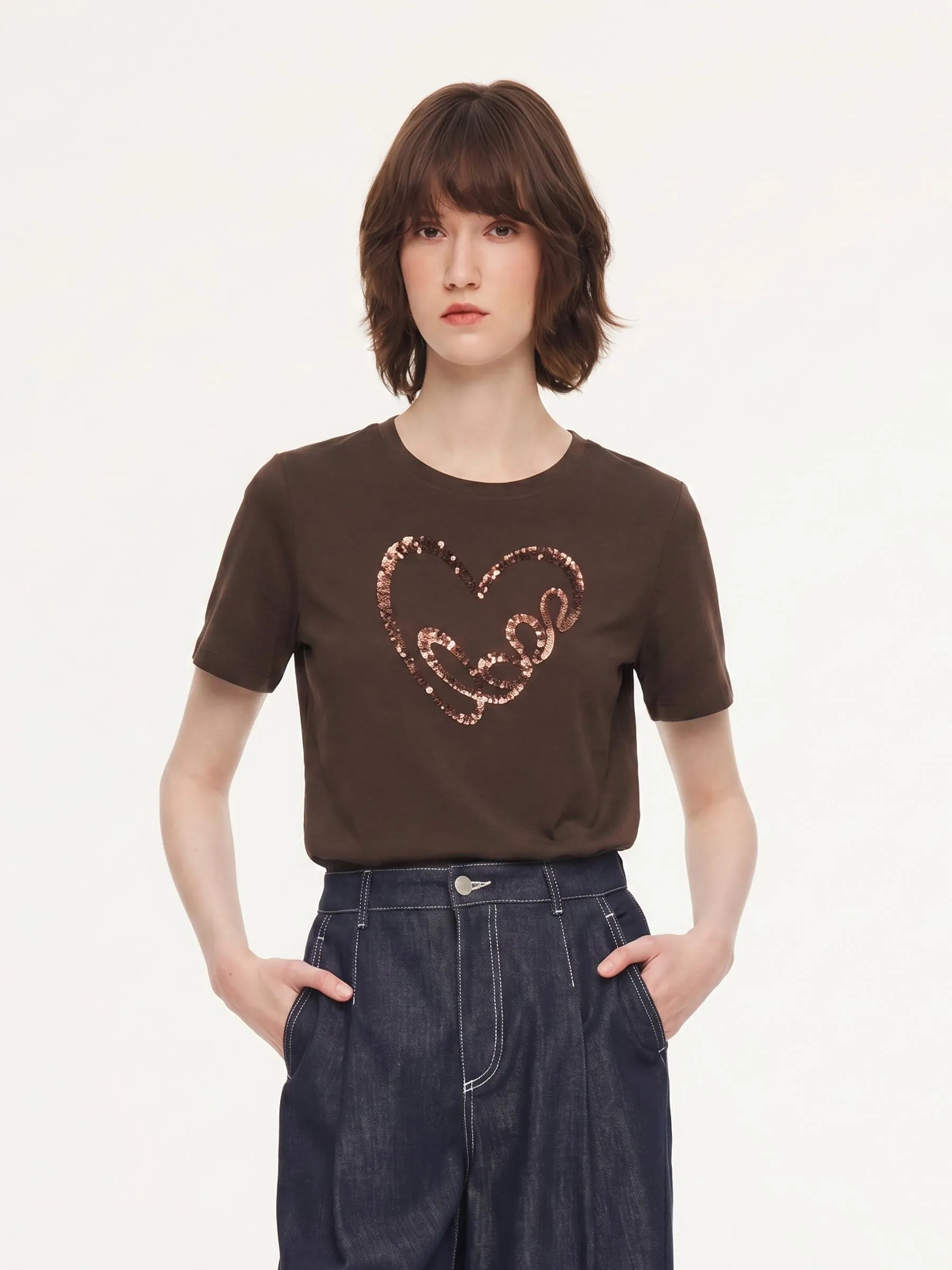Sequined Heart Round Neck Women T-Shirt sold by Goelia product image thumbnail 2