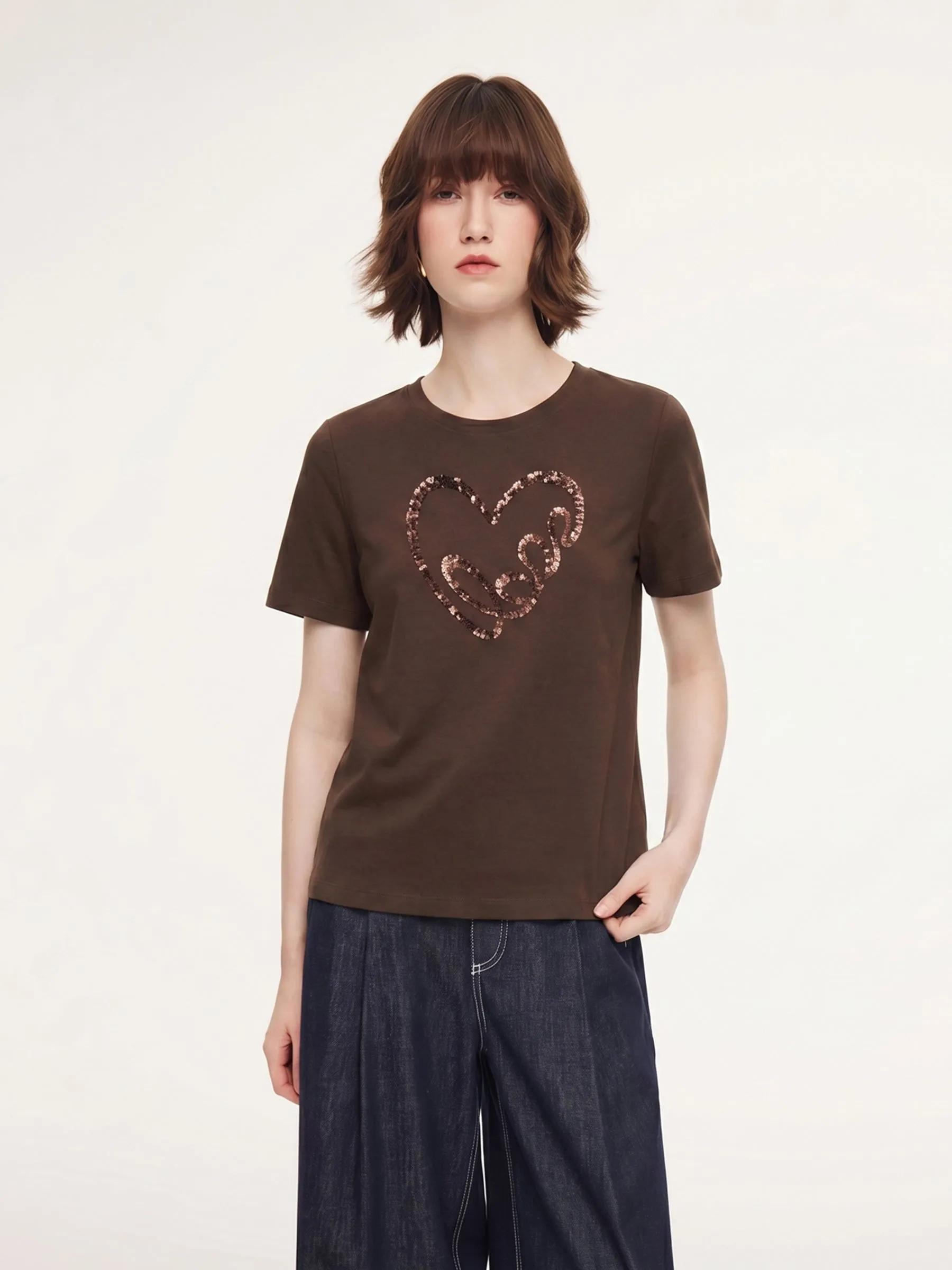 Sequined Heart Round Neck Women T-Shirt sold by Goelia