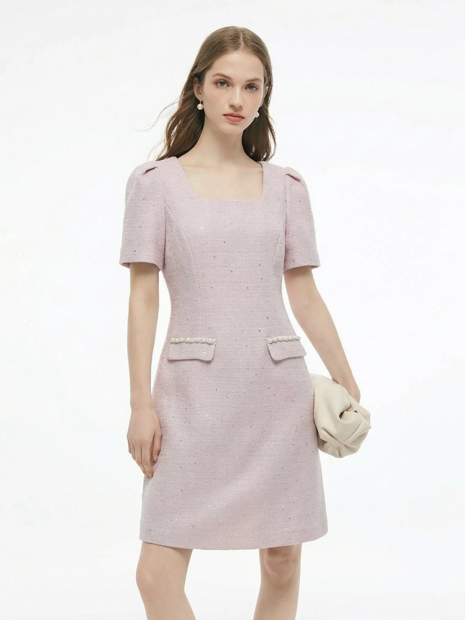 Tweed Square Neck Women Mini Dress sold by Goelia