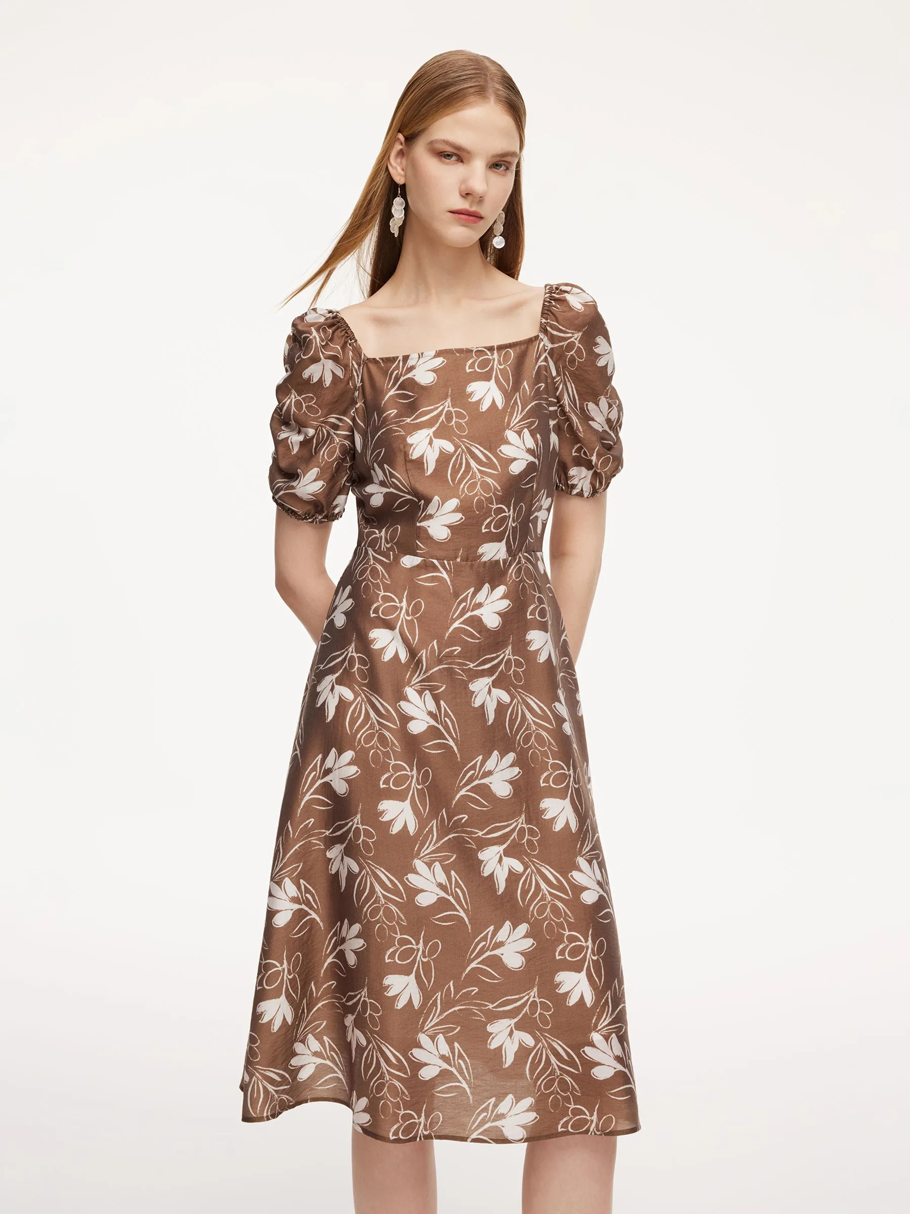 Tencel Blend Floral Print Square Neck Women Midi Dress sold by Goelia product image thumbnail 4