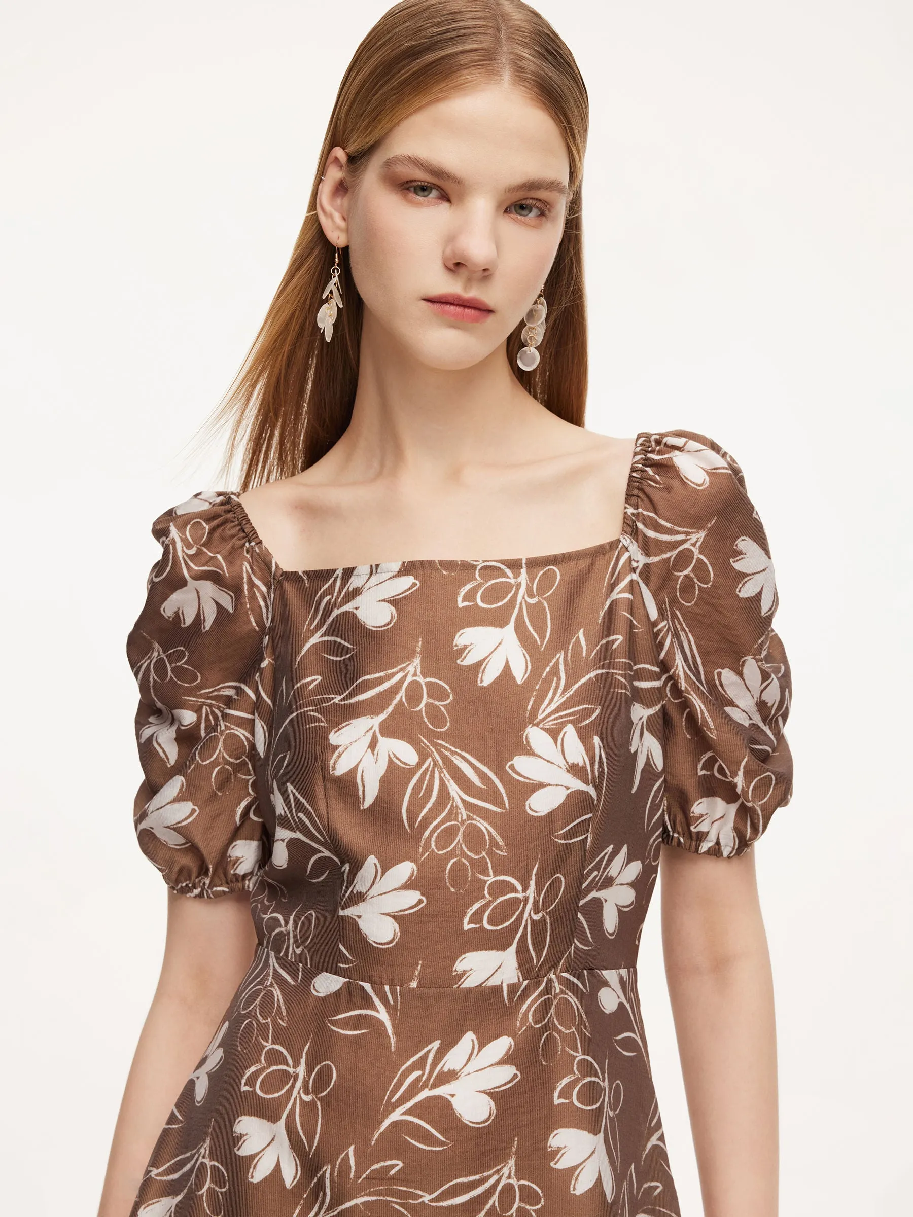 Tencel Blend Floral Print Square Neck Women Midi Dress sold by Goelia product image thumbnail 5