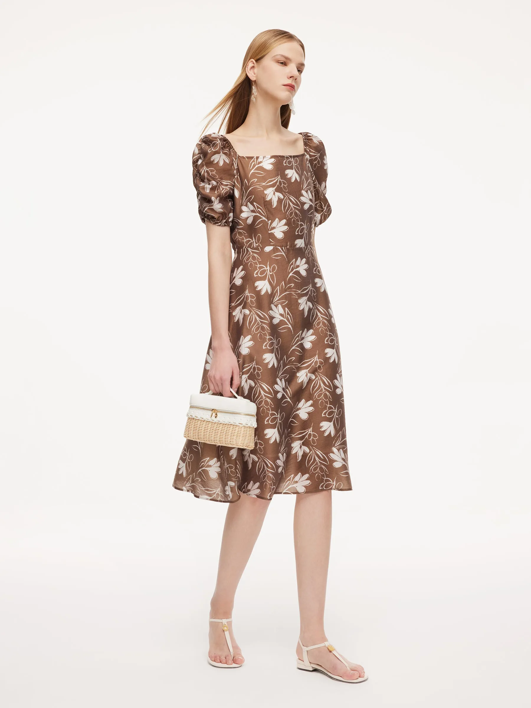 Tencel Blend Floral Print Square Neck Women Midi Dress sold by Goelia product image thumbnail 2