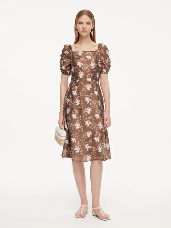 Tencel Blend Floral Print Square Neck Women Midi Dress made by Goelia