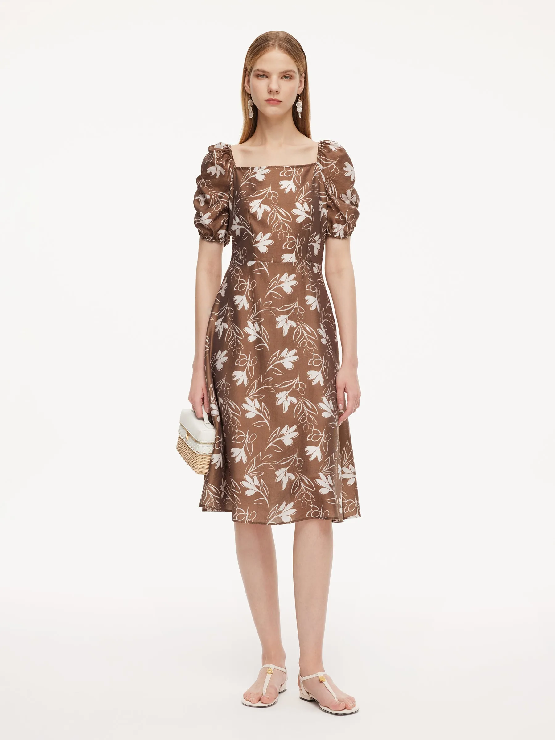 Tencel Blend Floral Print Square Neck Women Midi Dress sold by Goelia