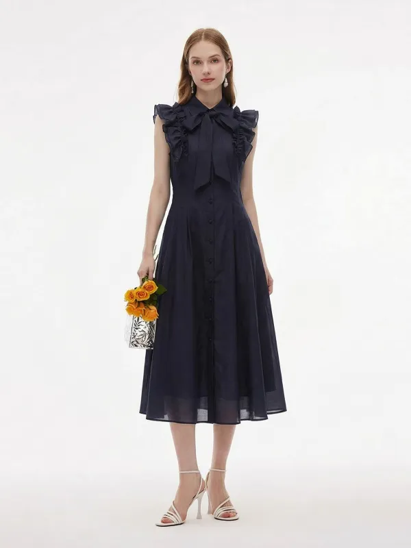 Lyocell Blend Ruffle Women Maxi Dress With Ribbon made by Goelia