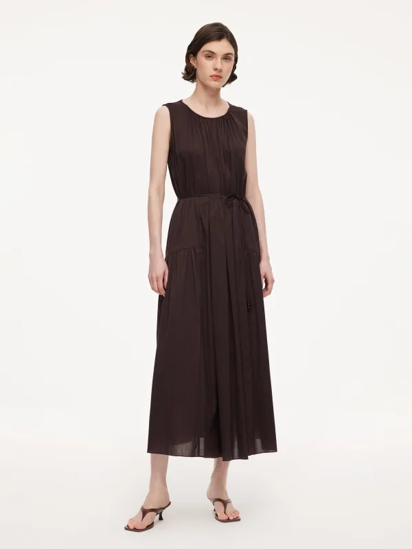 Cotton Blend A-line Women Sleeveless Maxi Dress With Self-Tie Belt made by Goelia
