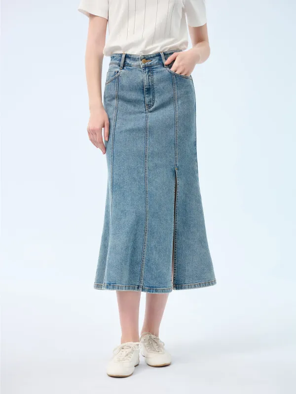 Denim Side Slit Women Eight-Panel Skirt made by Goelia