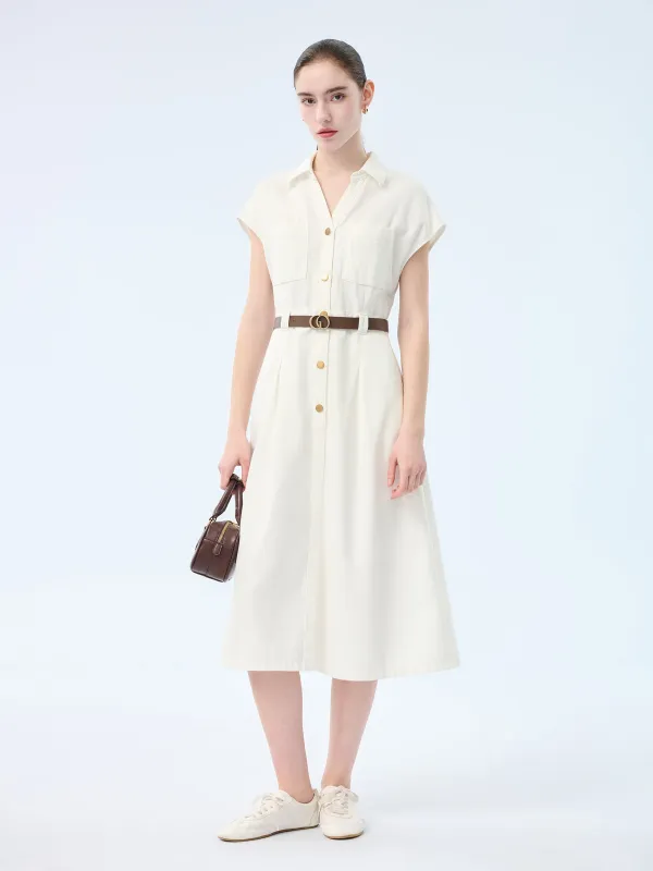 Lyocell Cotton Blend Denim Women V-Neck Maxi Shirt Dress With Belt made by Goelia