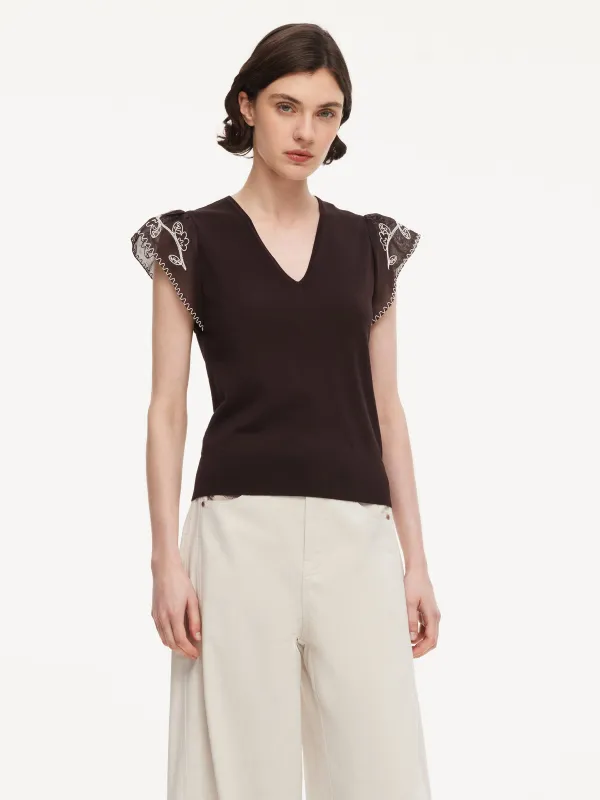 [Preview] Lyocell Blend V-Neck Women Embroidered Sleeve Knit Top made by Goelia