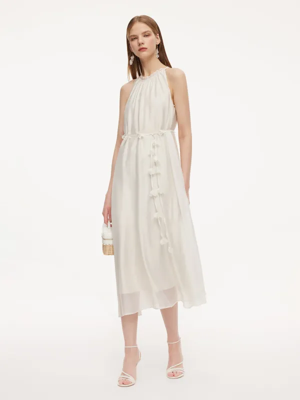 Ruffle Neckline Women Halter Maxi Dress With Floral Ribbon made by Goelia