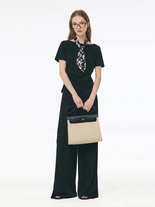 [Preview] Boat Neck Side Ruched Top And Pants Two-Piece Set With Floral Print Scarf made by Goelia