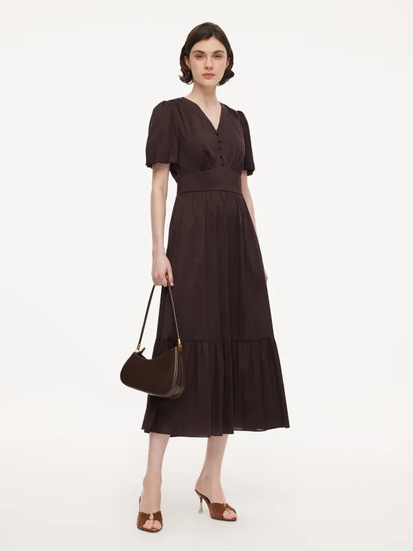 Cotton Blend V-Neck Women A-Line Tiered Maxi Dress made by Goelia