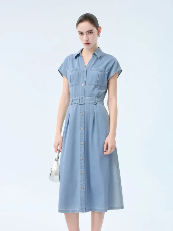100% Cotton Denim Women V-Neck Maxi Shirt Dress With Belt made by Goelia