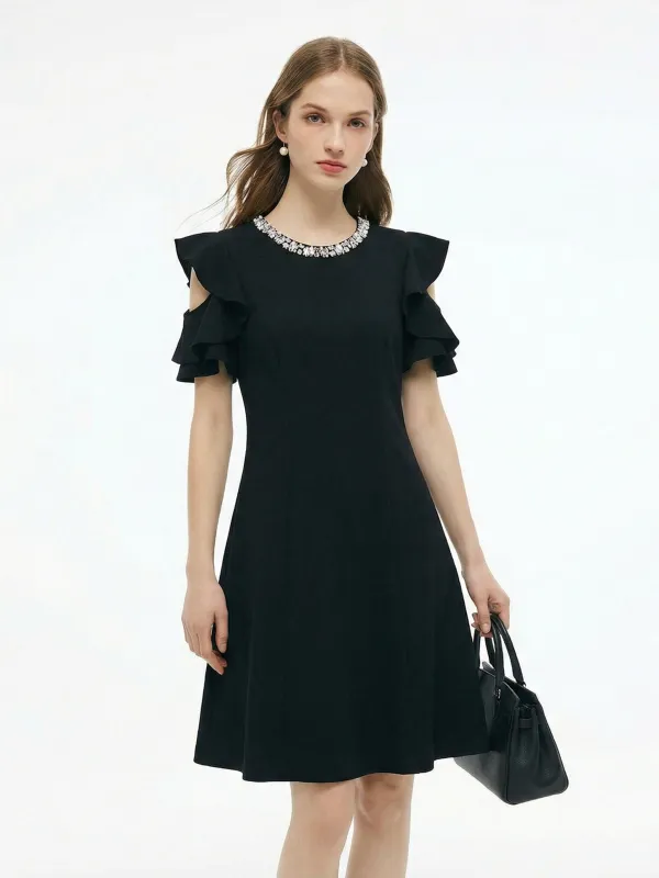 Ruffle Cold Shoulder Women Knit Mini Dress made by Goelia