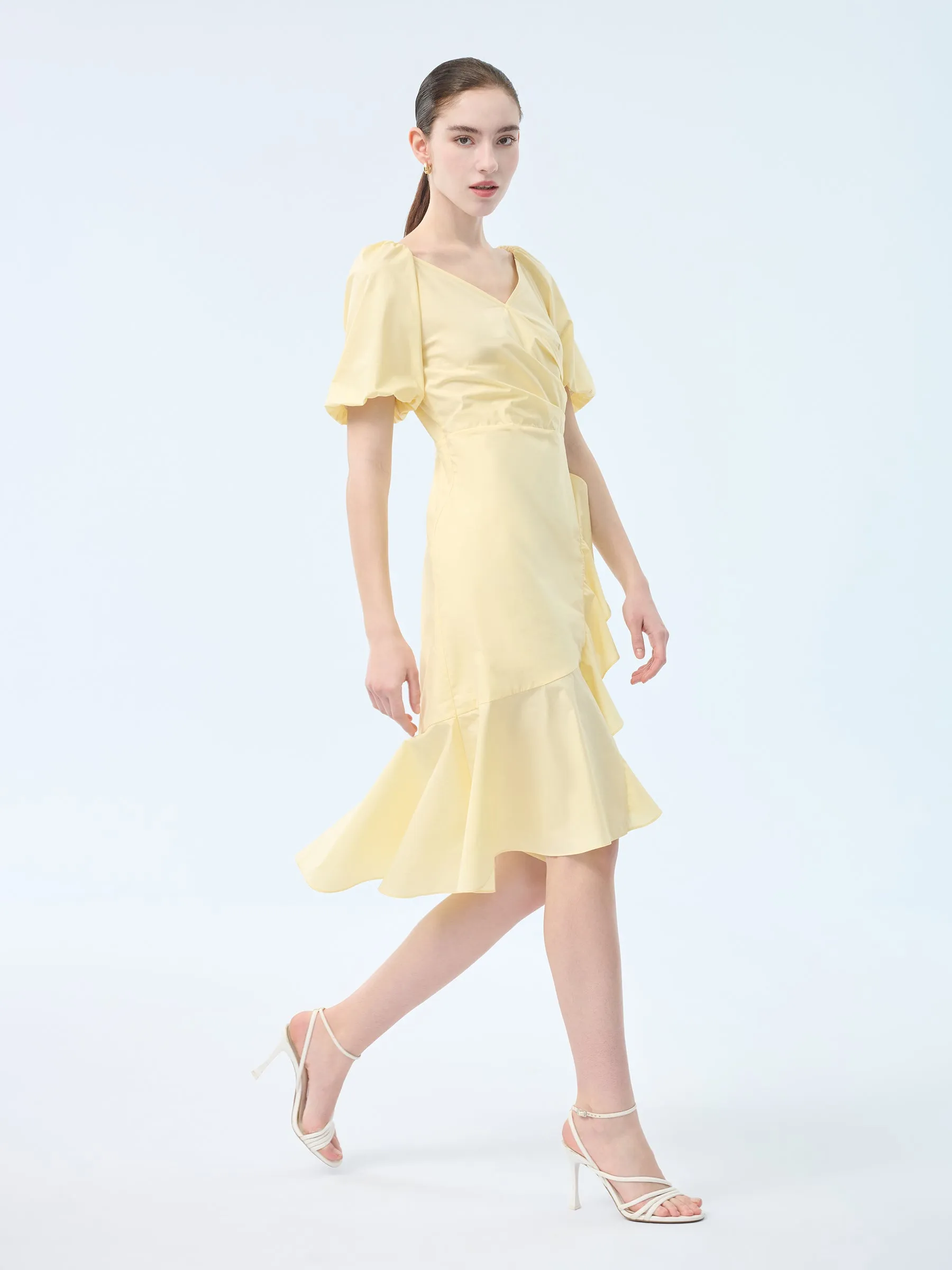 100% Cotton Ruffle Puff Sleeve Women Wrap Midi Dress sold by Goelia product image thumbnail 2