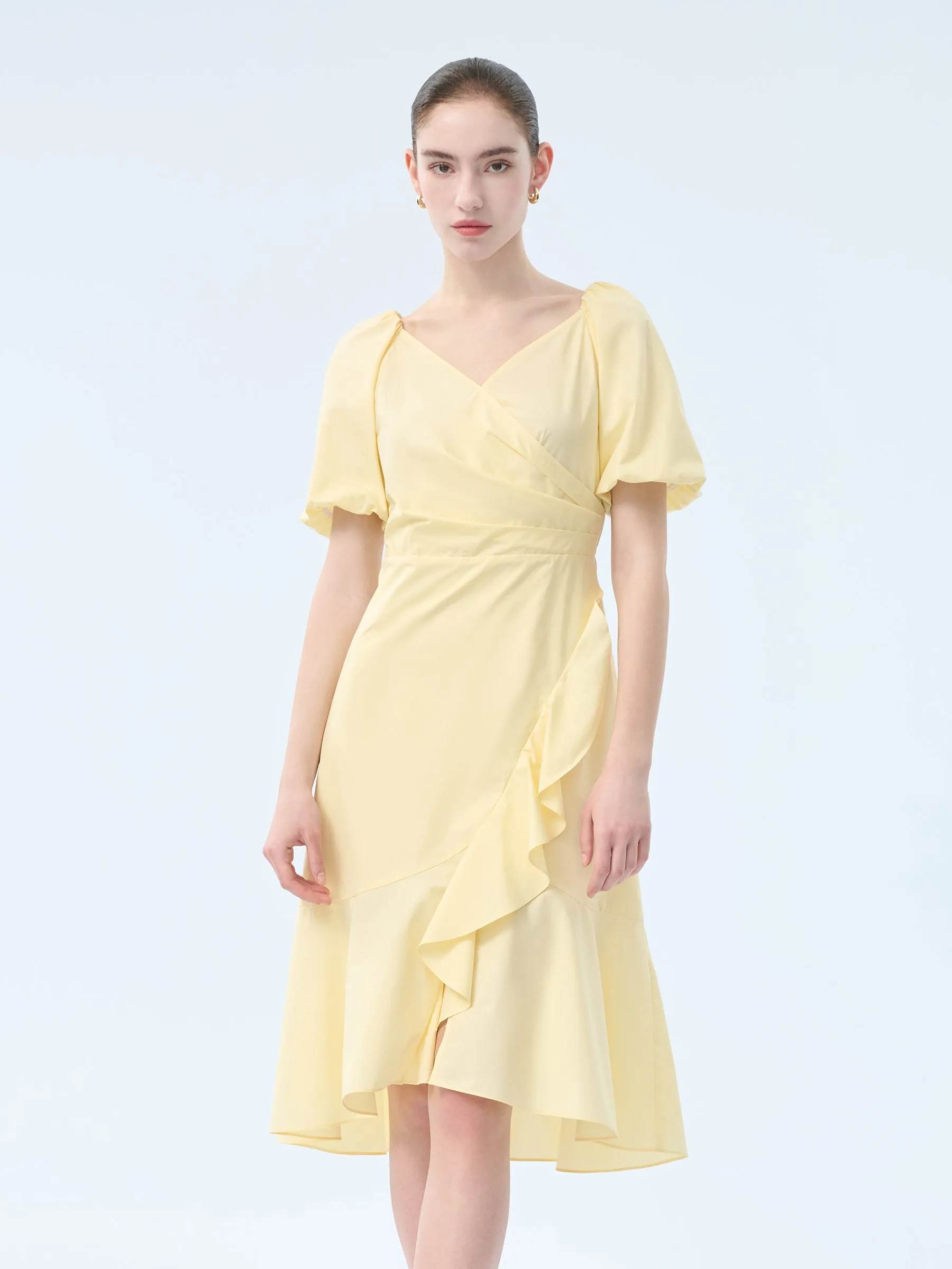 100% Cotton Ruffle Puff Sleeve Women Wrap Midi Dress sold by Goelia product image thumbnail 3