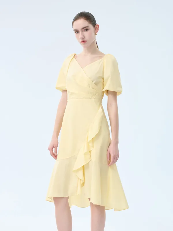 100% Cotton Ruffle Puff Sleeve Women Wrap Midi Dress made by Goelia