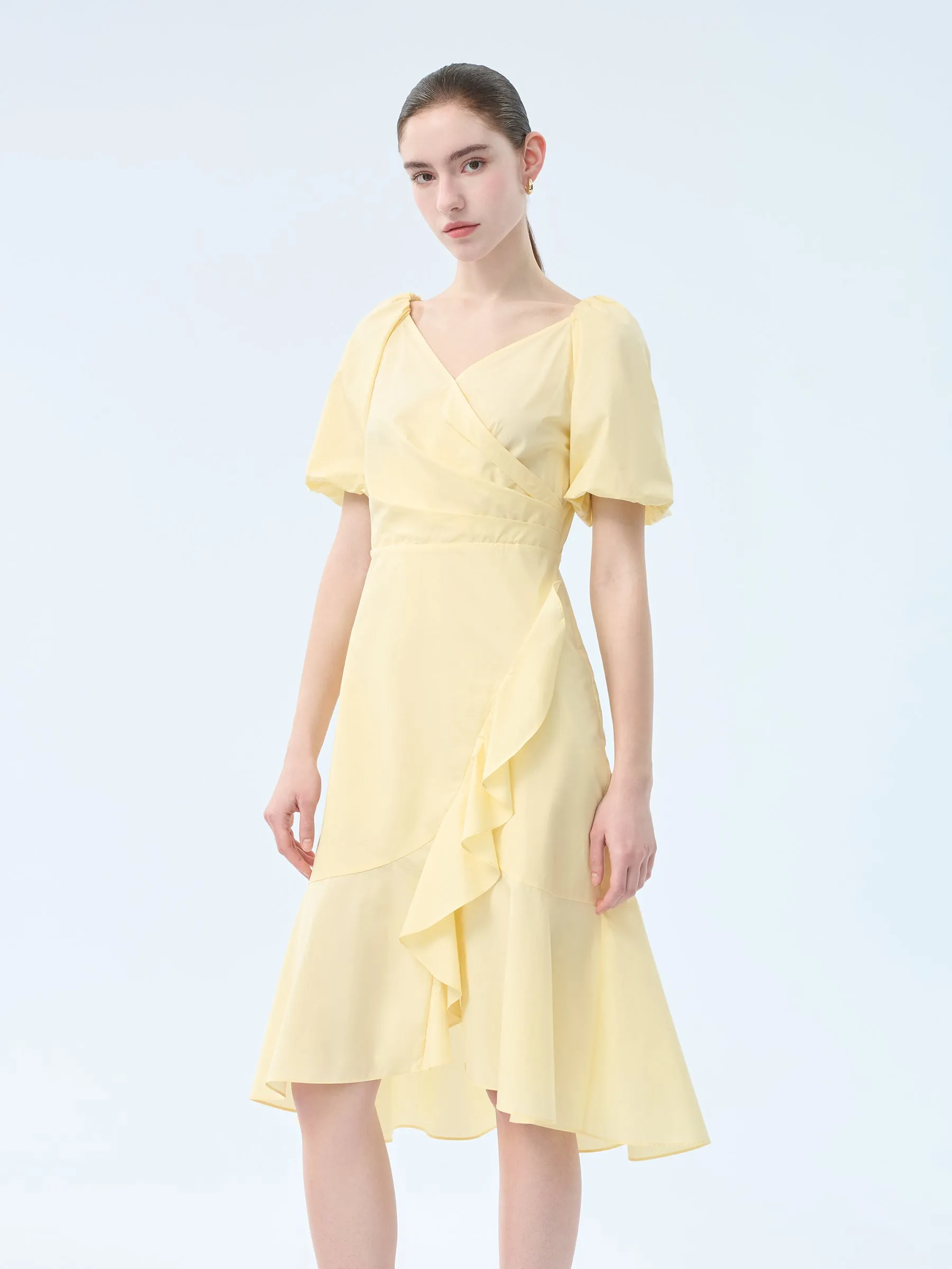 100% Cotton Ruffle Puff Sleeve Women Wrap Midi Dress sold by Goelia