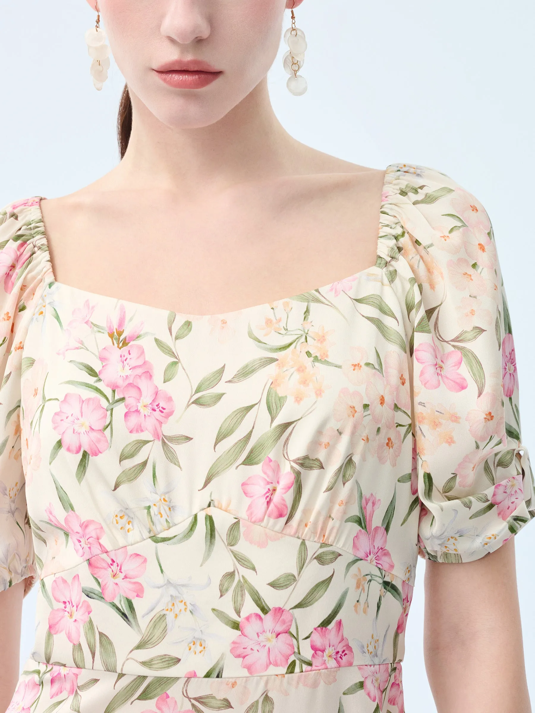 19MM Mulberry Silk Floral Print Women Square Neck Midi Dress sold by Goelia product image thumbnail 5
