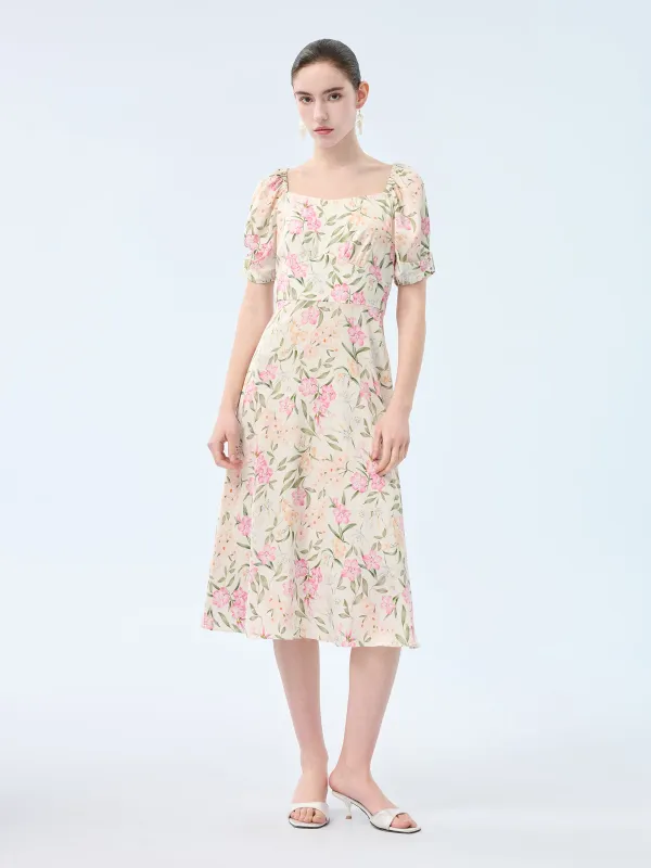 19MM Mulberry Silk Floral Print Women Square Neck Midi Dress made by Goelia