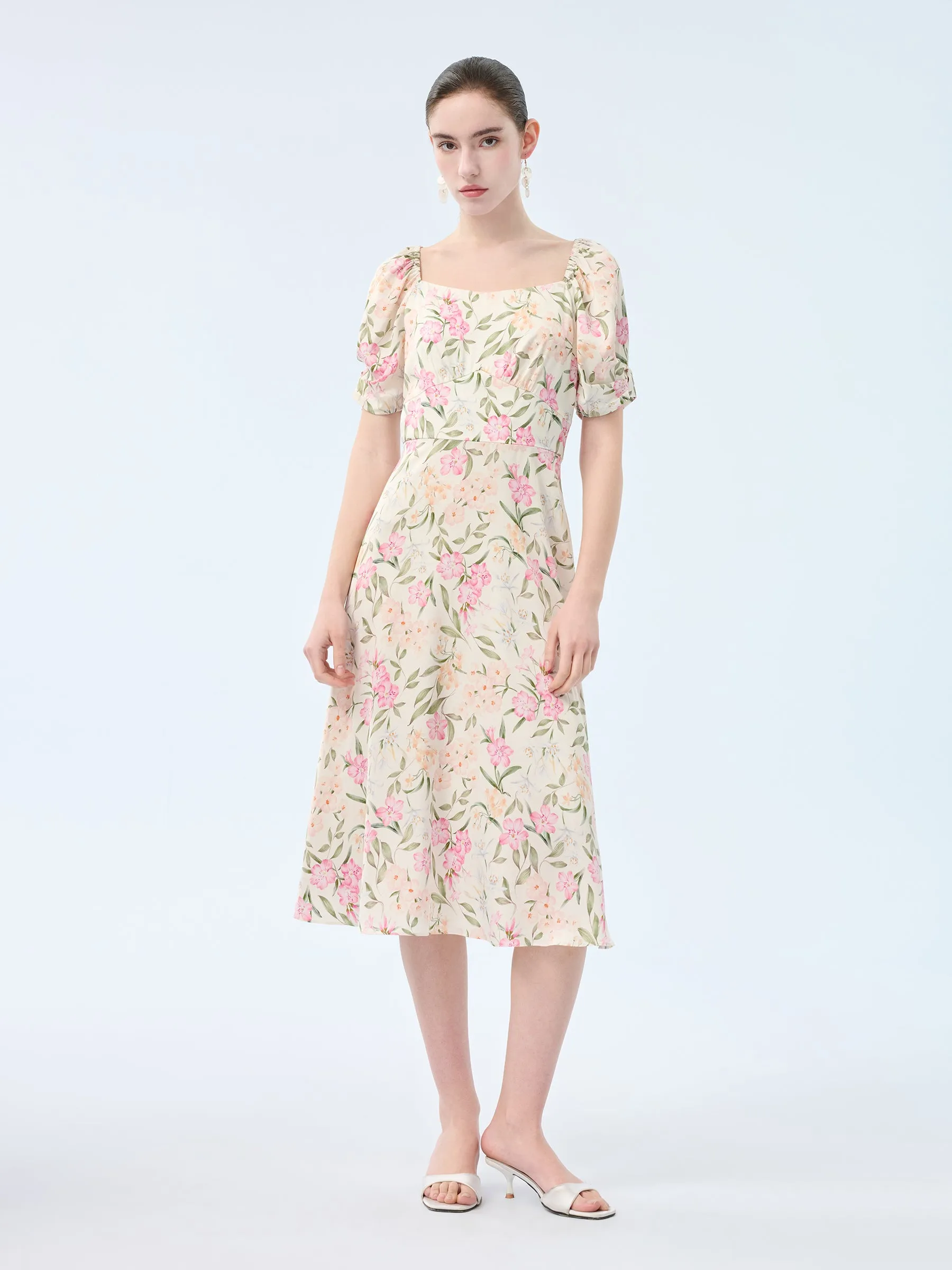 19MM Mulberry Silk Floral Print Women Square Neck Midi Dress sold by Goelia