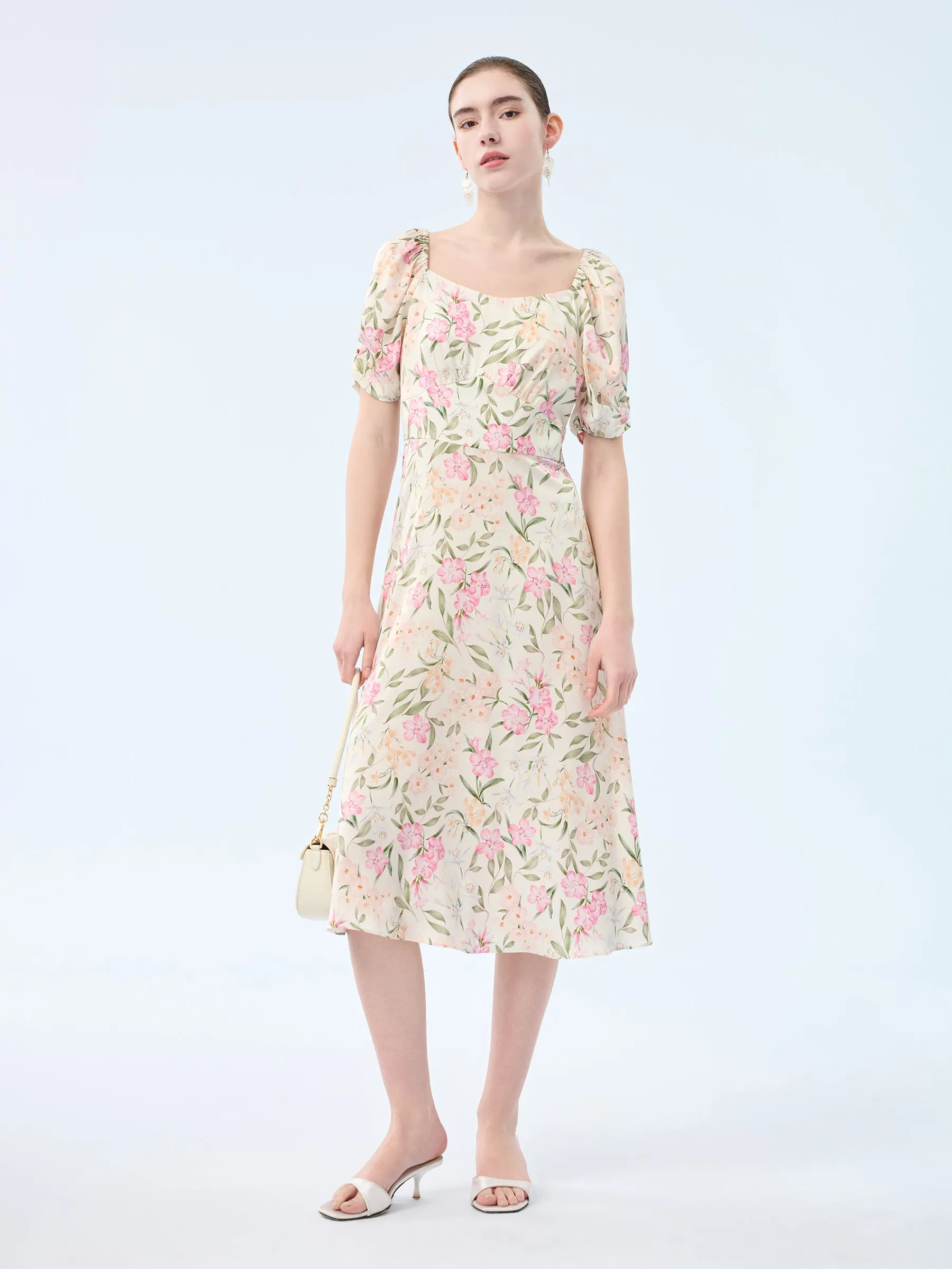 19MM Mulberry Silk Floral Print Women Square Neck Midi Dress sold by Goelia product image thumbnail 3