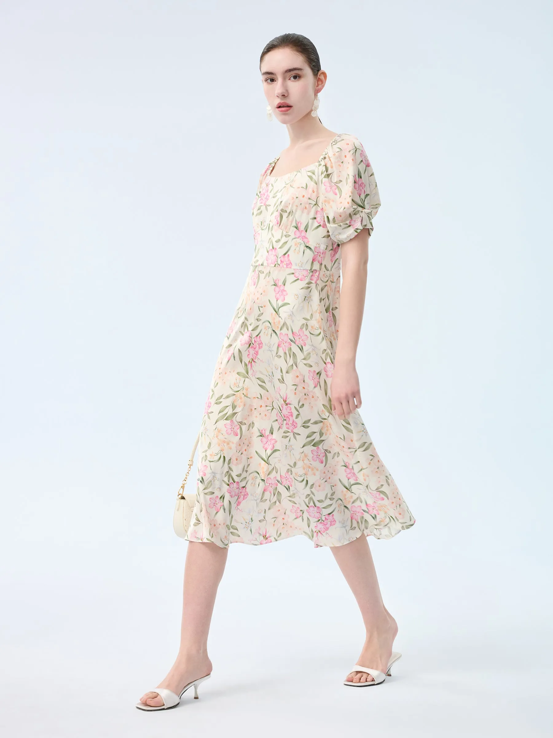 19MM Mulberry Silk Floral Print Women Square Neck Midi Dress sold by Goelia product image thumbnail 2