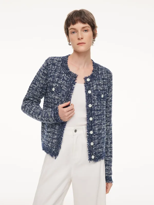 Wool Cotton Blend Frayed Trim Women Cardigan made by Goelia
