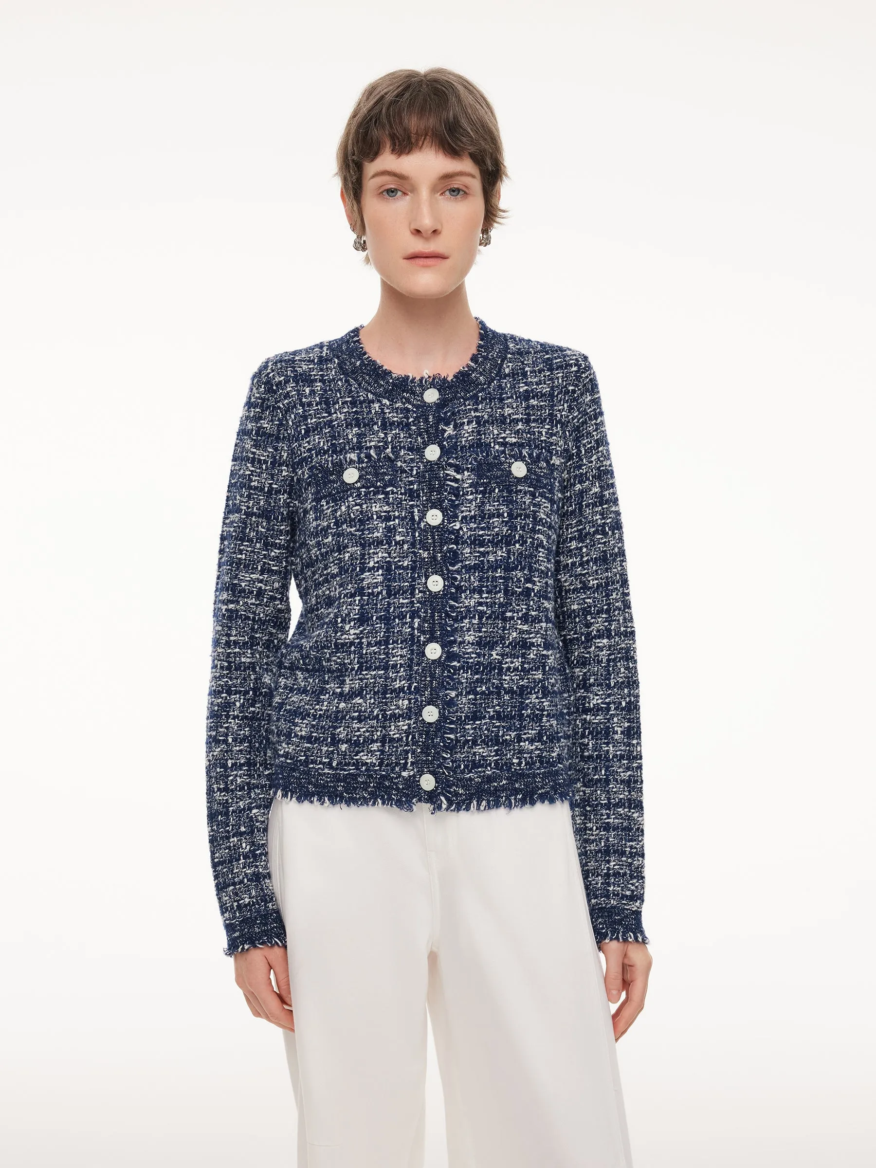Wool Cotton Blend Frayed Trim Women Cardigan sold by Goelia product image thumbnail 5