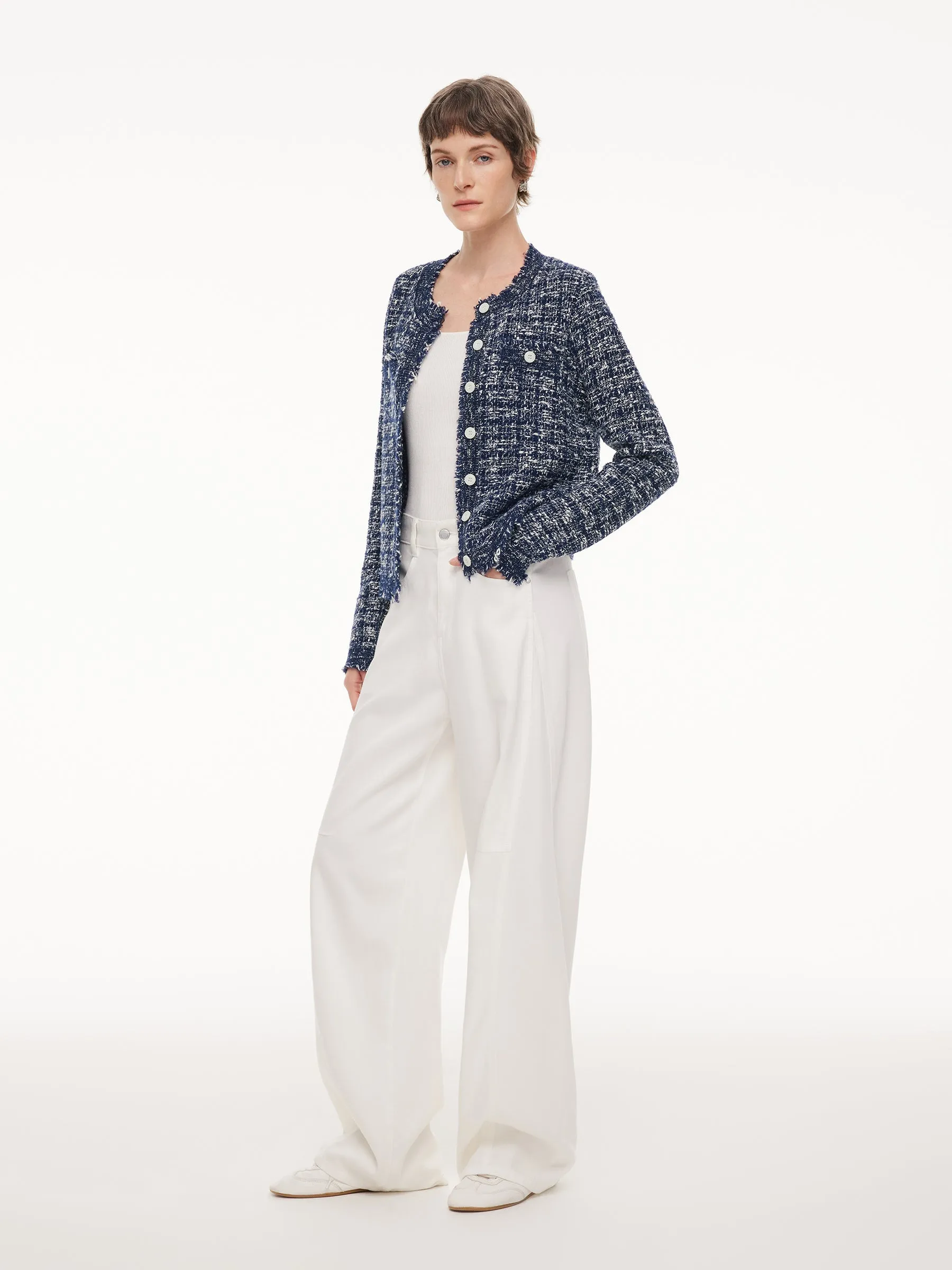 Wool Cotton Blend Frayed Trim Women Cardigan sold by Goelia product image thumbnail 3