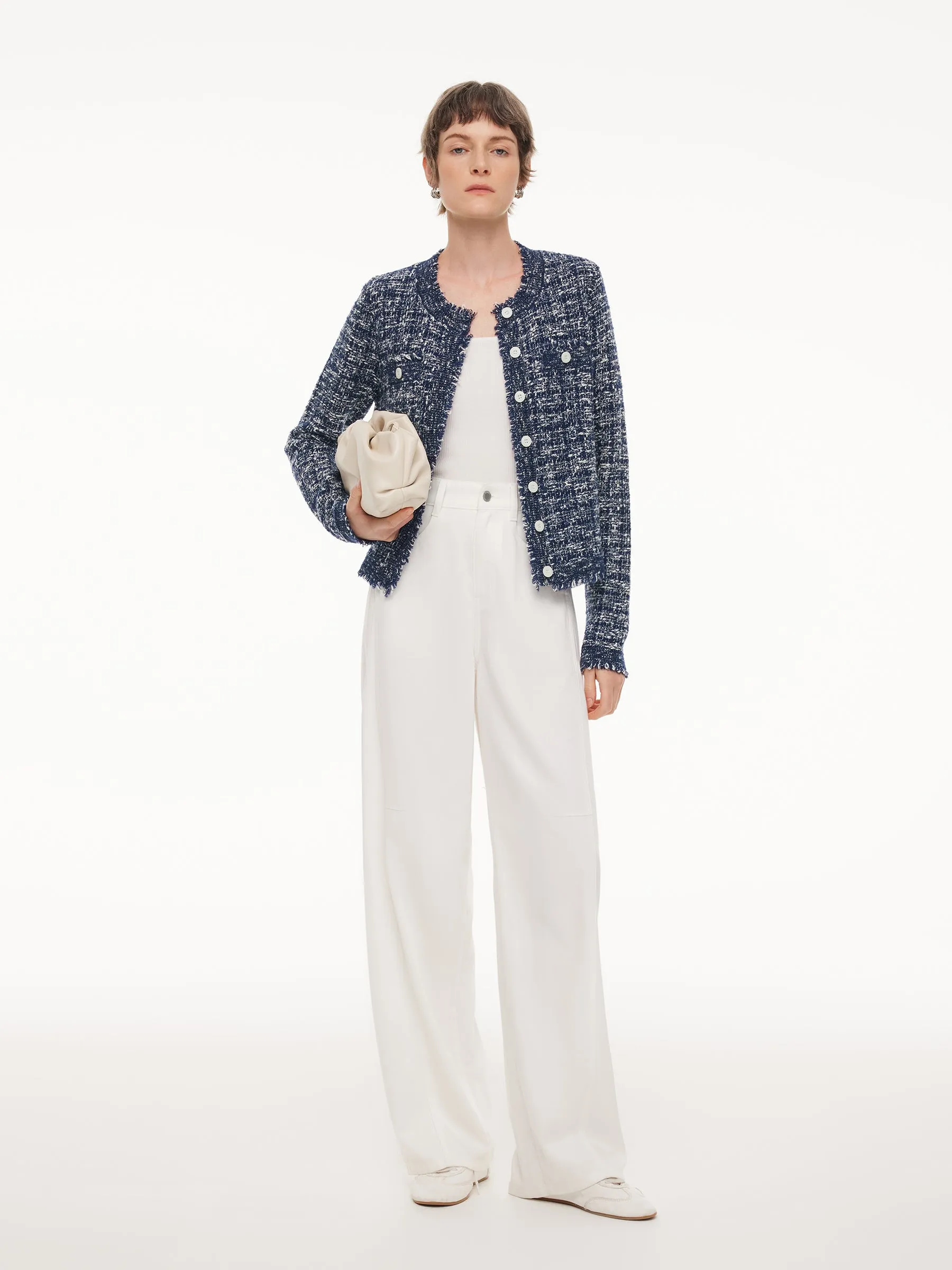 Wool Cotton Blend Frayed Trim Women Cardigan sold by Goelia product image thumbnail 2