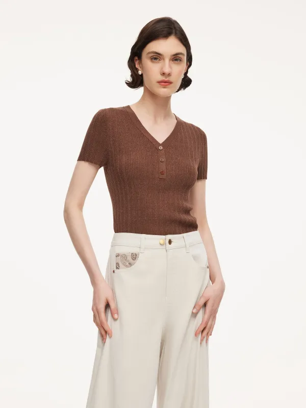 Tencel Blend V-Neck Women Glittering Knit Top made by Goelia